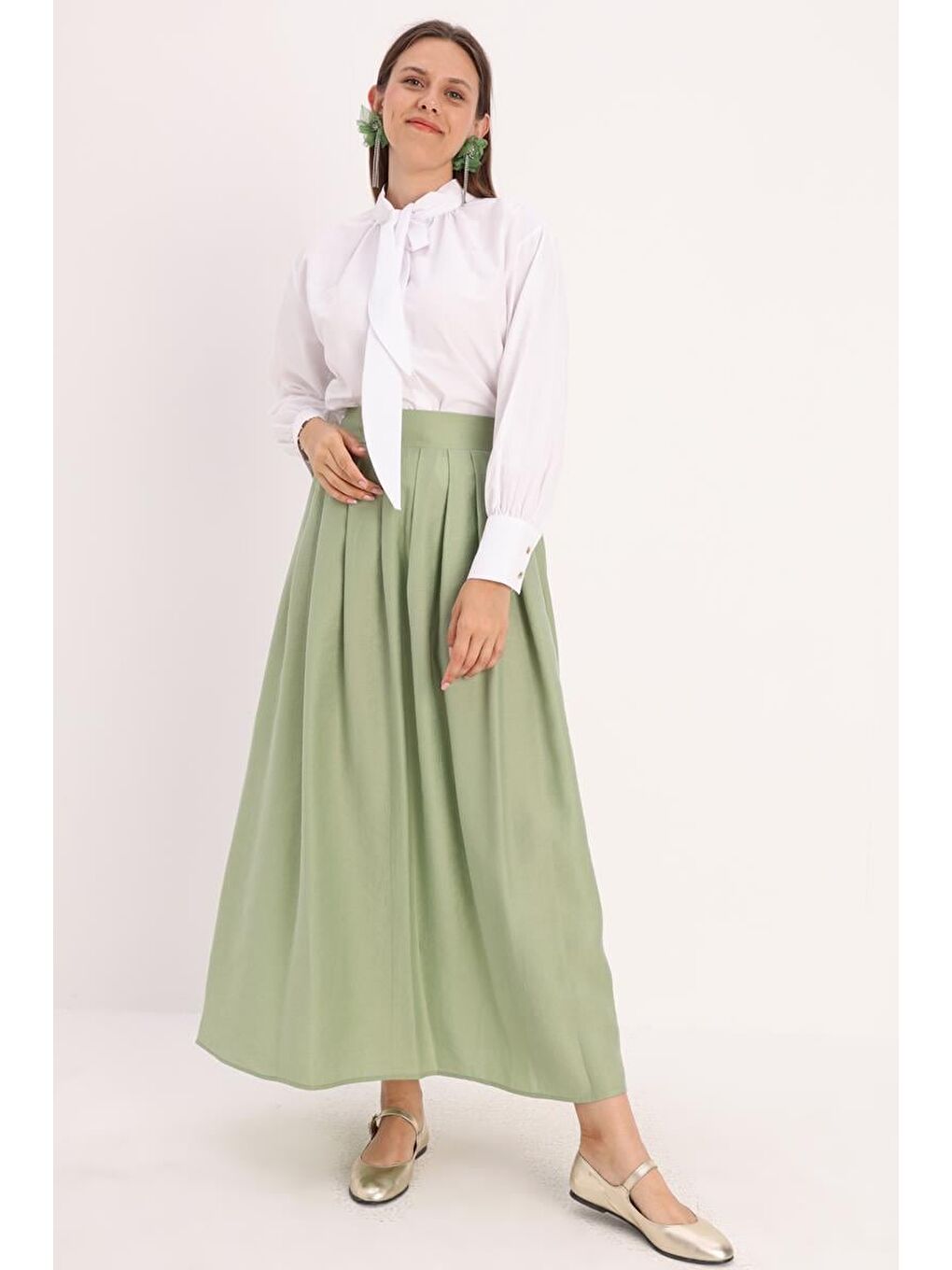 Açık Yeşil Pileli Kloş Etek