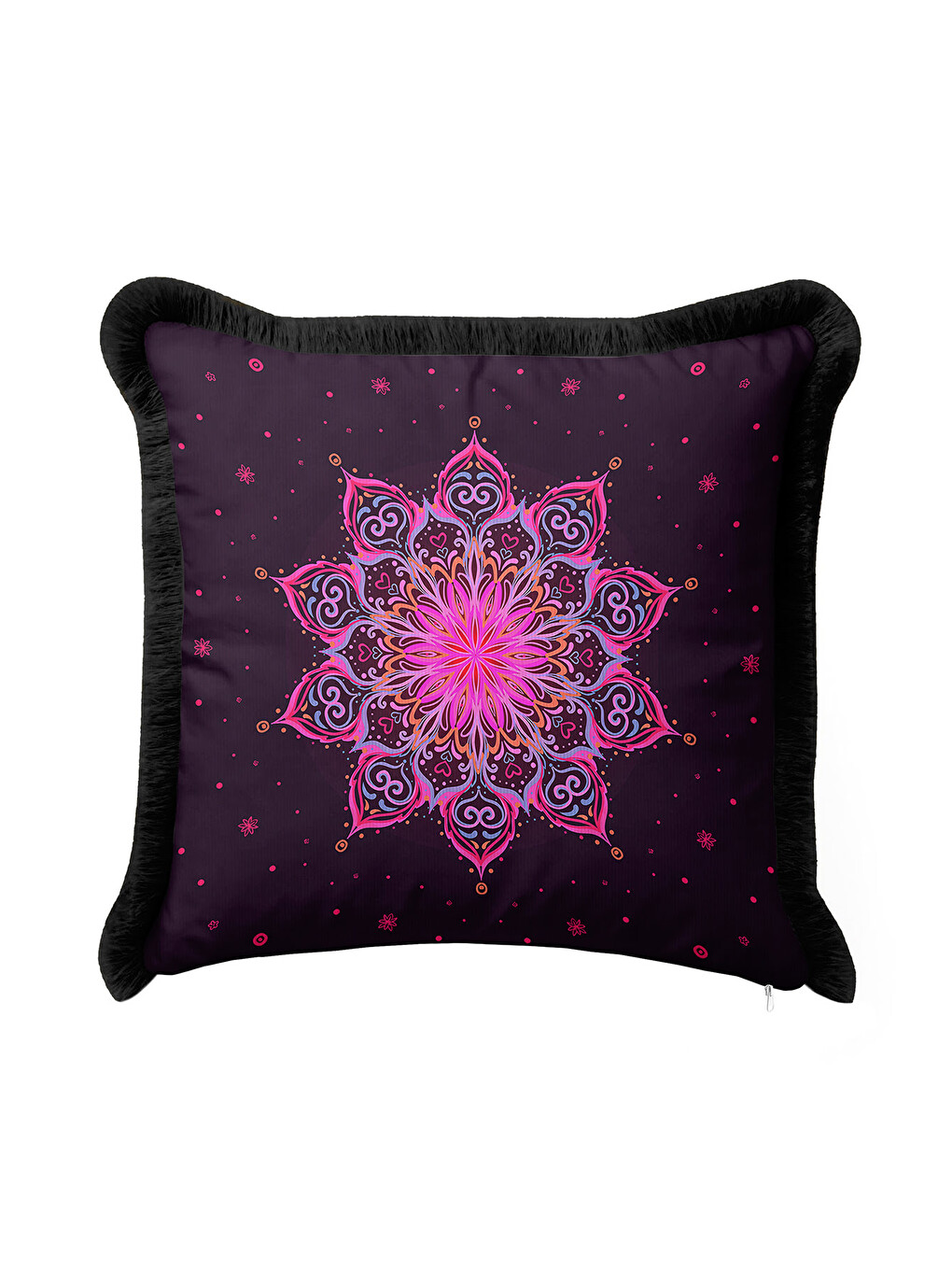 Karışık Mandala Sanatı Saçaklı Yastık Kılıfı - Bohem Stil Mor Pembe Siyah Püsküllü Kırlent Kılıfı-1