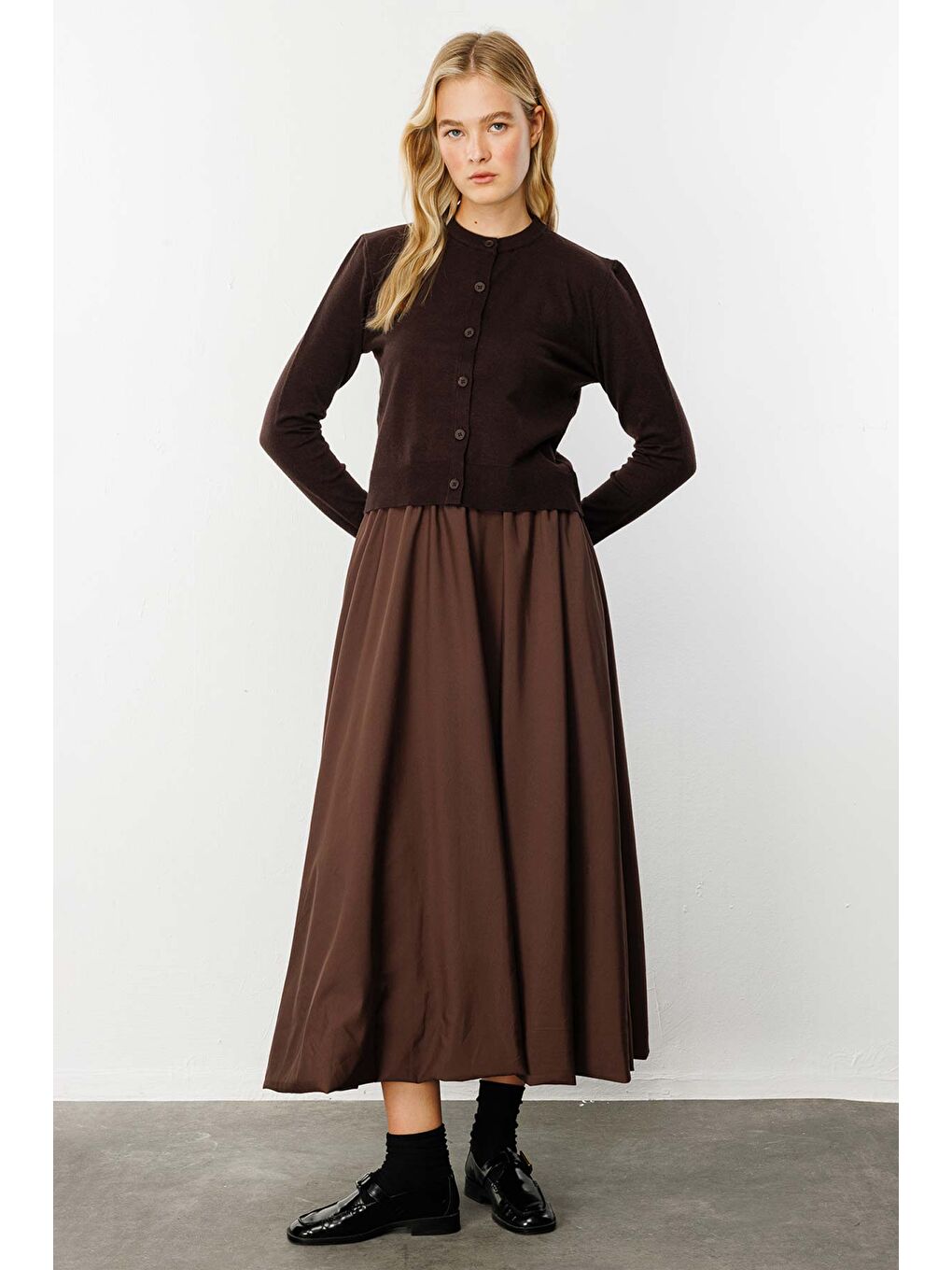 Kahverengi Premium Bisiklet Yaka Kül Kahve Triko Hırka