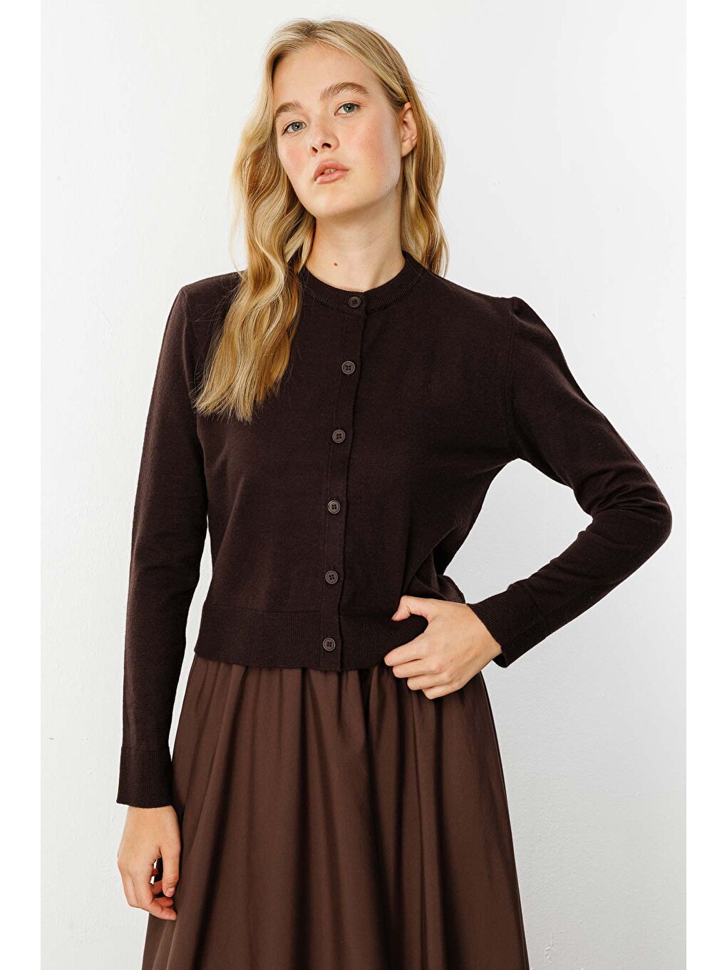 Kahverengi Premium Bisiklet Yaka Kül Kahve Triko Hırka-1