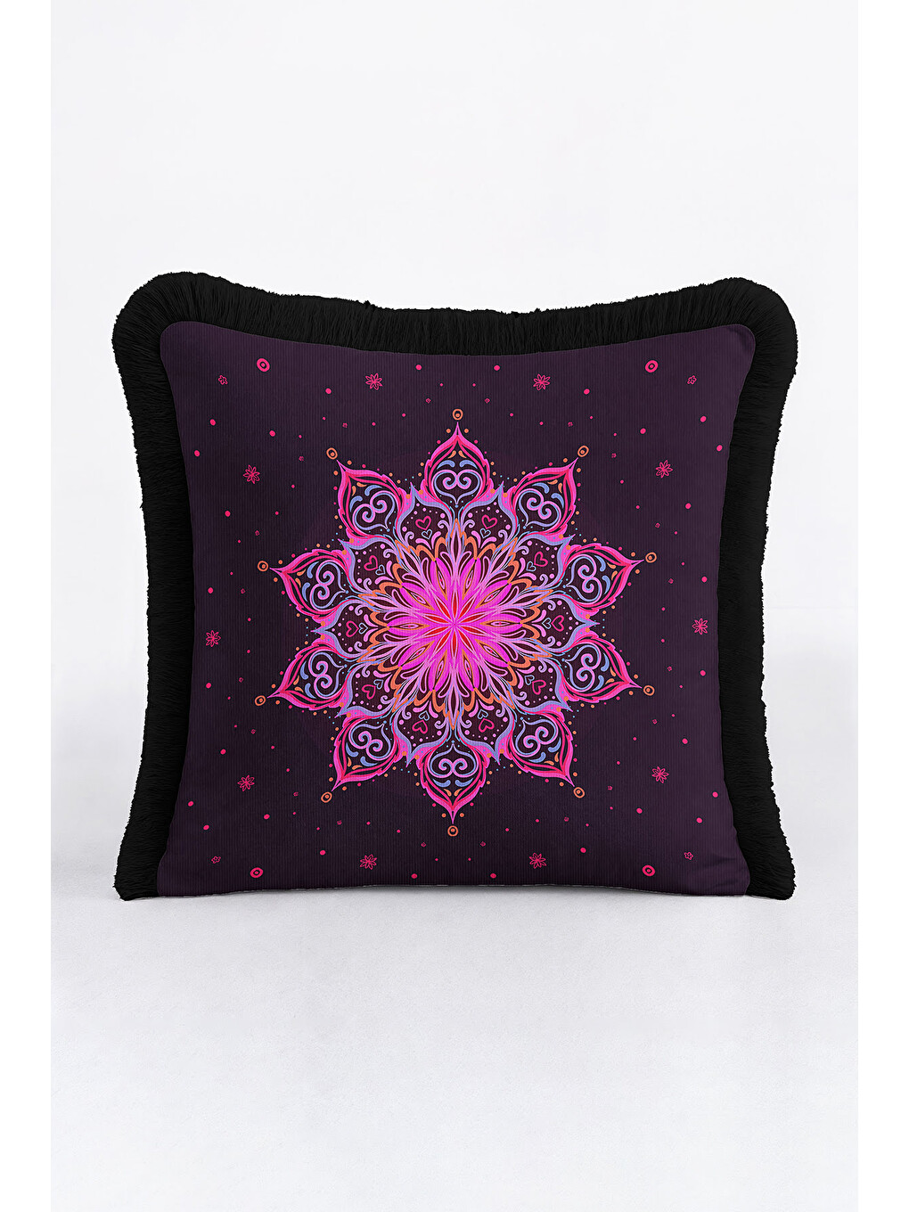 Karışık Mandala Sanatı Saçaklı Yastık Kılıfı - Bohem Stil Mor Pembe Siyah Püsküllü Kırlent Kılıfı-2