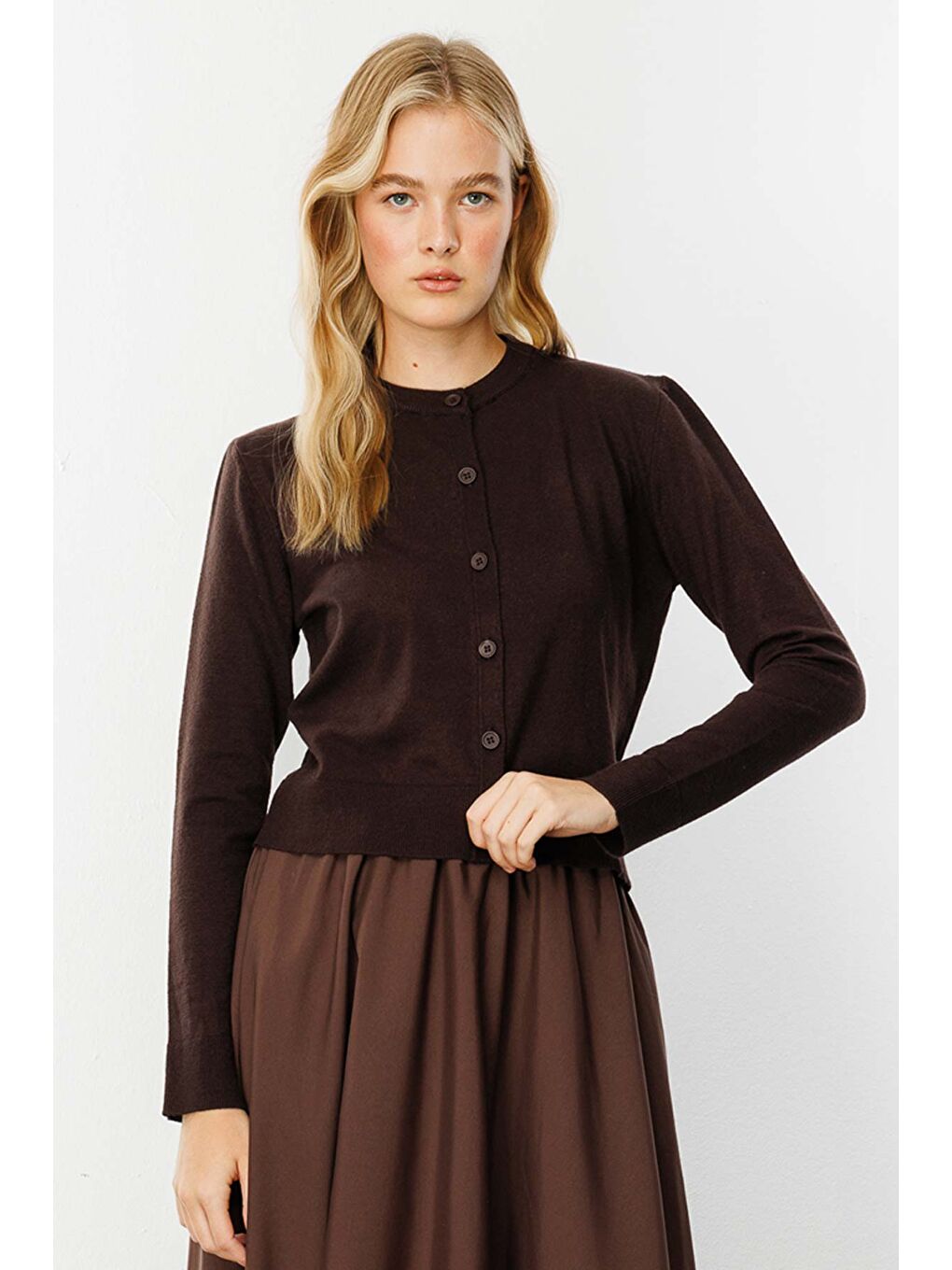 Kahverengi Premium Bisiklet Yaka Kül Kahve Triko Hırka-3