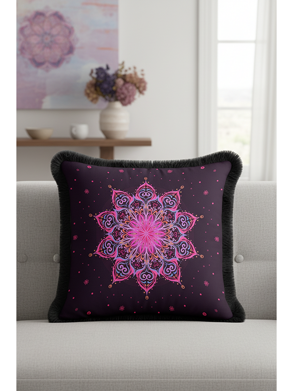 Karışık Mandala Sanatı Saçaklı Yastık Kılıfı - Bohem Stil Mor Pembe Siyah Püsküllü Kırlent Kılıfı-3