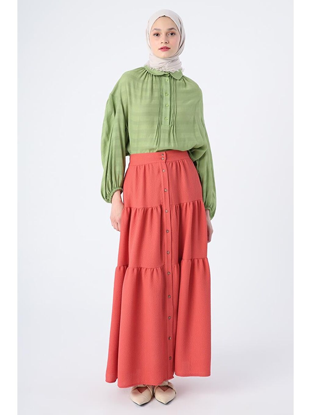 Fuşya Düğmeli Beli Lastikli Fırfırlı Bürümcük Etek-1