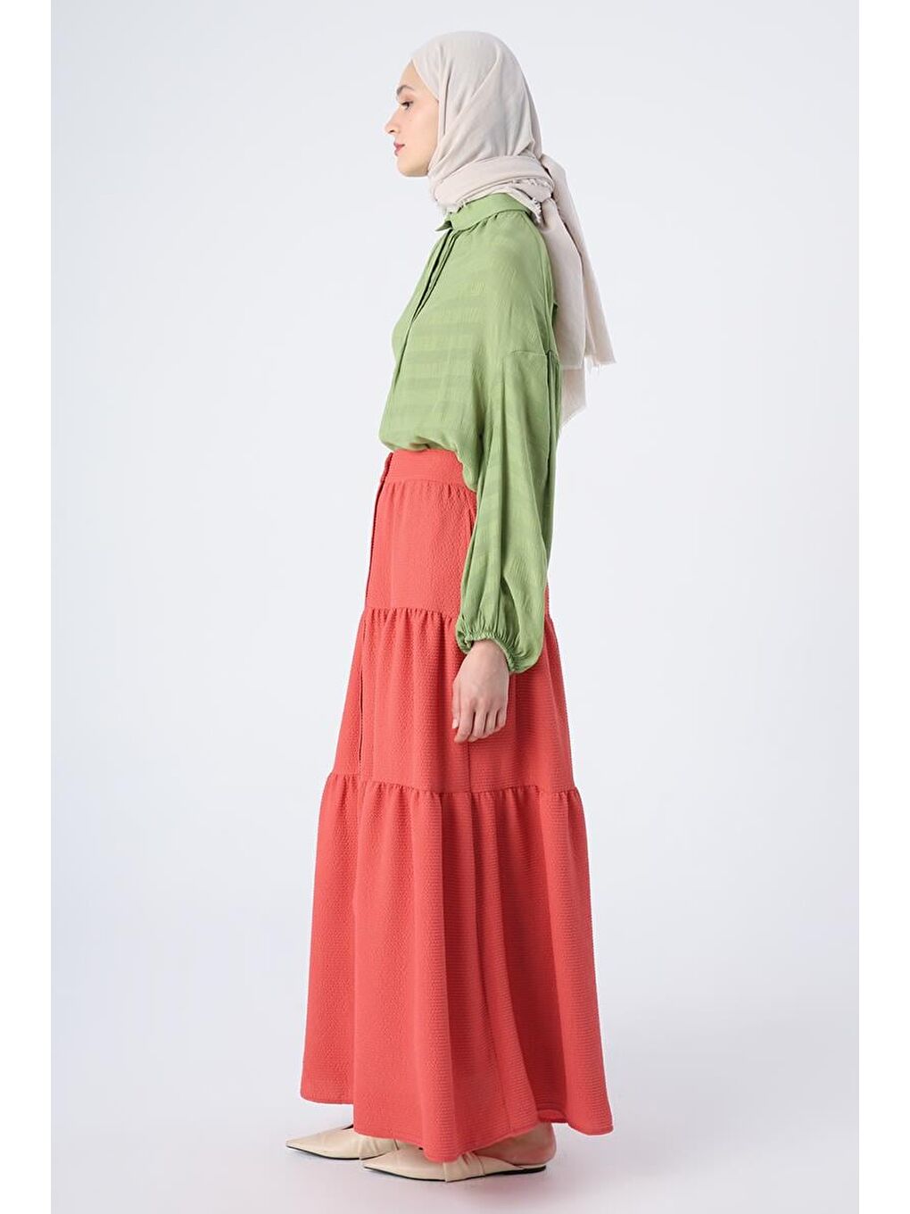 Fuşya Düğmeli Beli Lastikli Fırfırlı Bürümcük Etek-2