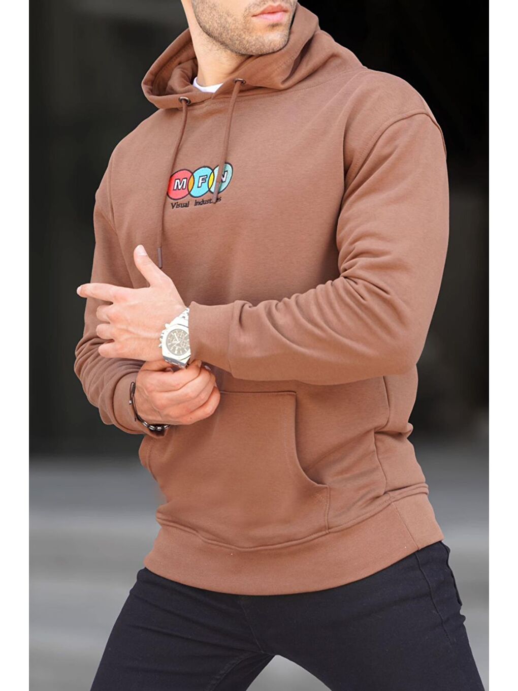 Madmext Kahverengi Kapüşonlu Nakışlı Erkek Sweatshirt 6145 - 2