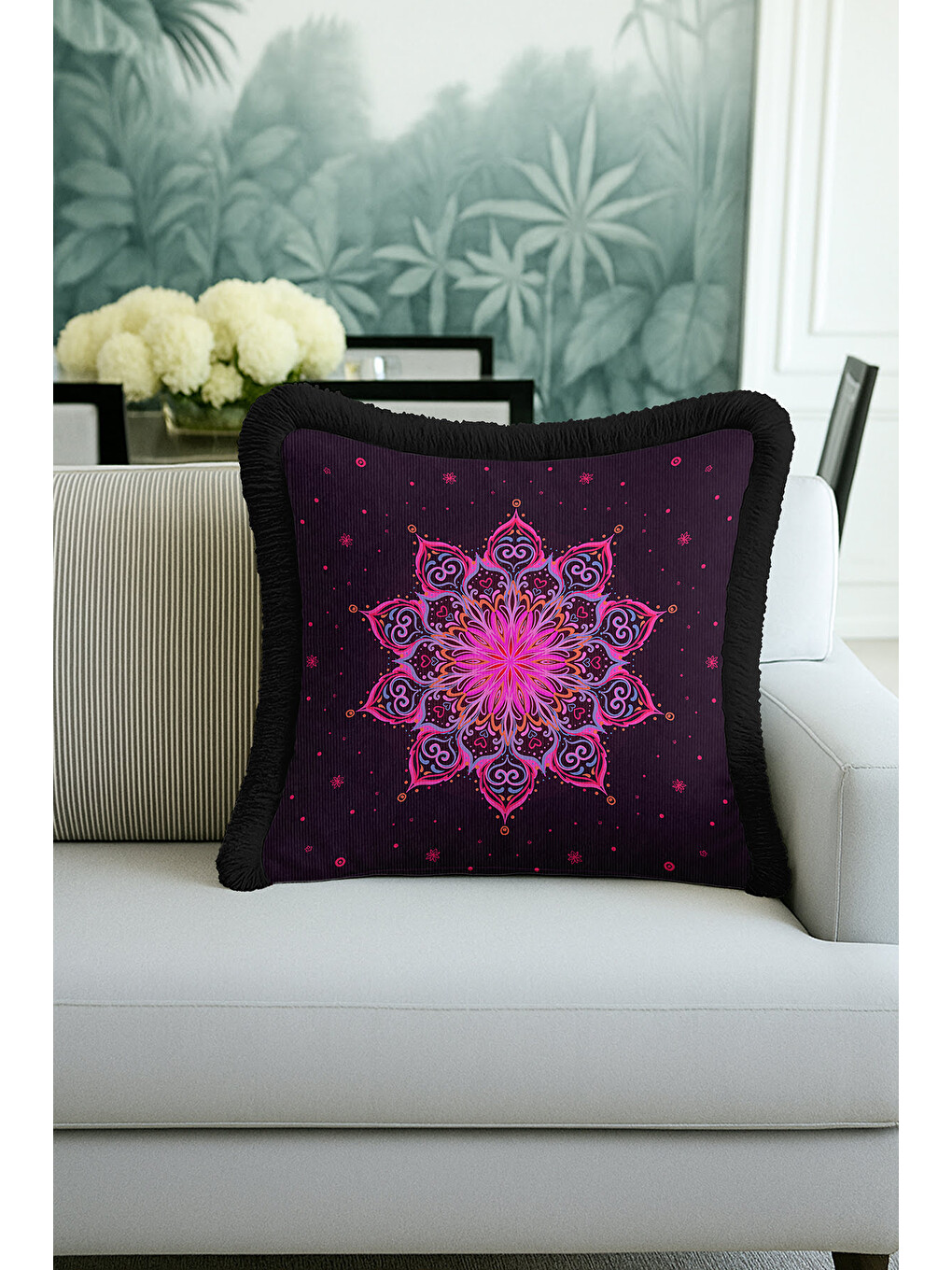 Karışık Mandala Sanatı Saçaklı Yastık Kılıfı - Bohem Stil Mor Pembe Siyah Püsküllü Kırlent Kılıfı-4