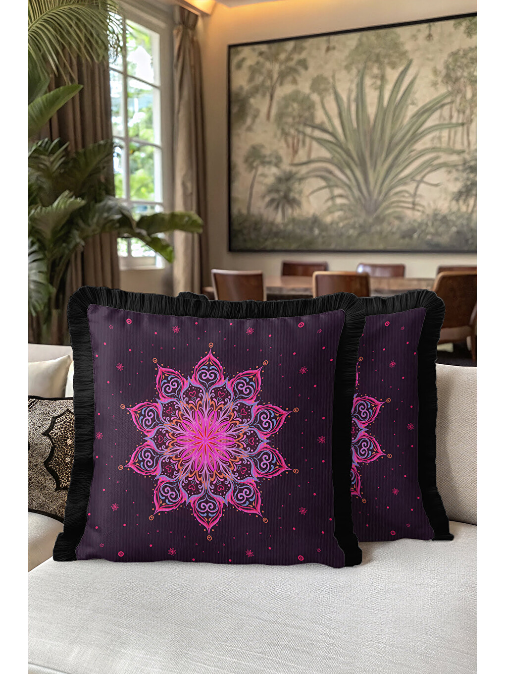 Karışık Mandala Sanatı Saçaklı Yastık Kılıfı - Bohem Stil Mor Pembe Siyah Püsküllü Kırlent Kılıfı-5