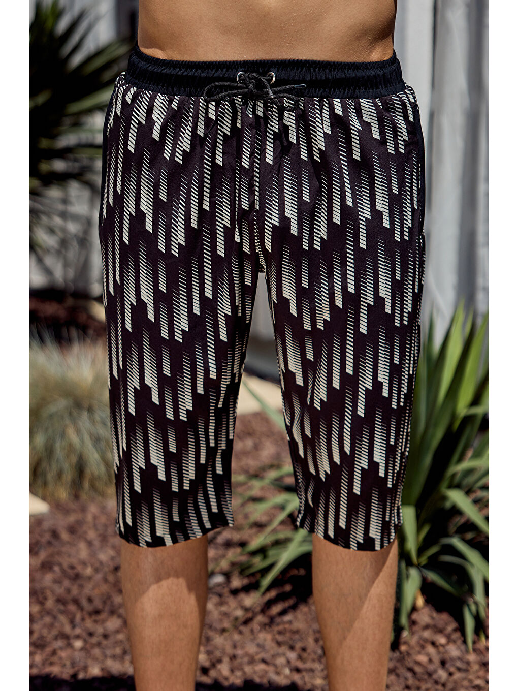 Erkek Havuz Deniz Uzun Kapri Şort Mayo RK004 Siyah-3