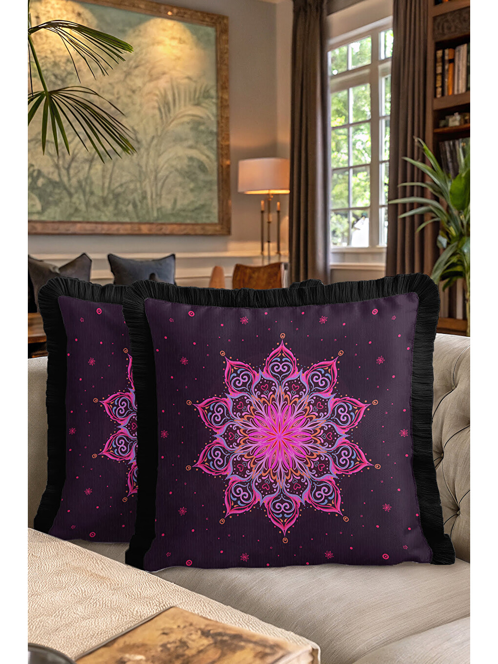 Karışık Mandala Sanatı Saçaklı Yastık Kılıfı - Bohem Stil Mor Pembe Siyah Püsküllü Kırlent Kılıfı-7