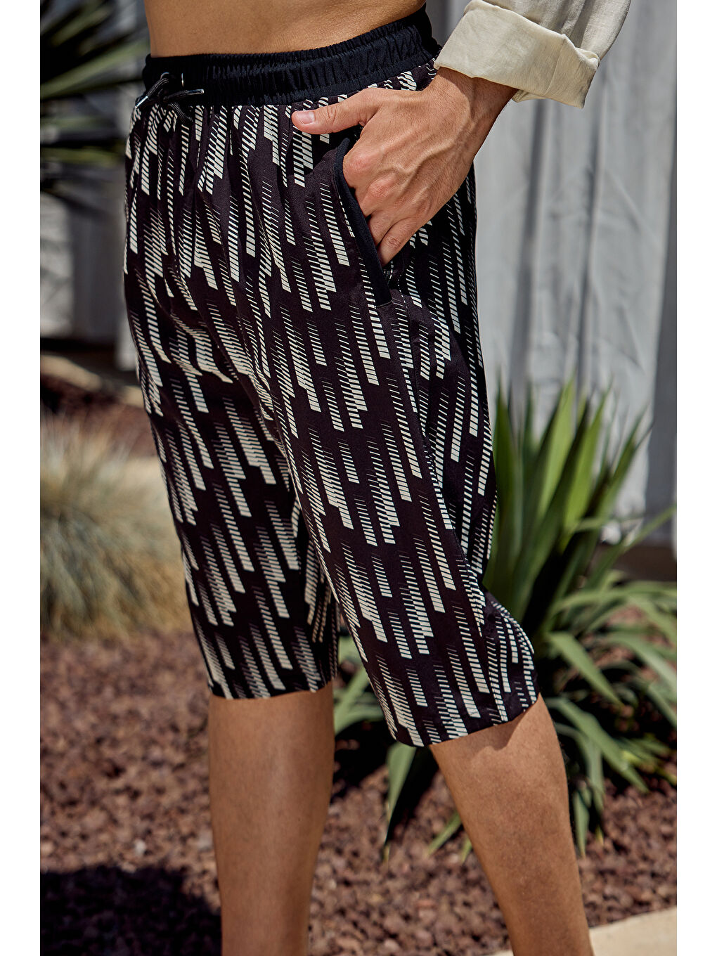 Erkek Havuz Deniz Uzun Kapri Şort Mayo RK004 Siyah-4