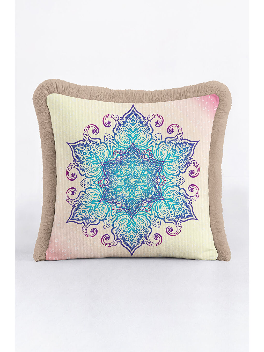 Karışık Bohem Mandala Saçaklı Yastık Kılıfı - Zarif Etnik Mor Turkuaz Krem Püsküllü Kırlent Kılıfı