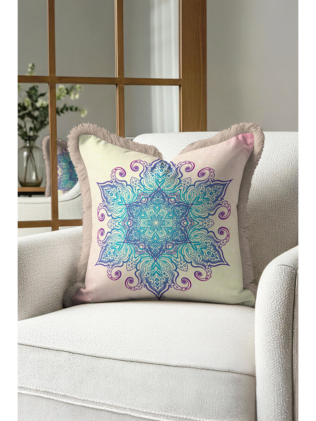 Karışık Bohem Mandala Saçaklı Yastık Kılıfı - Zarif Etnik Mor Turkuaz Krem Püsküllü Kırlent Kılıfı-1