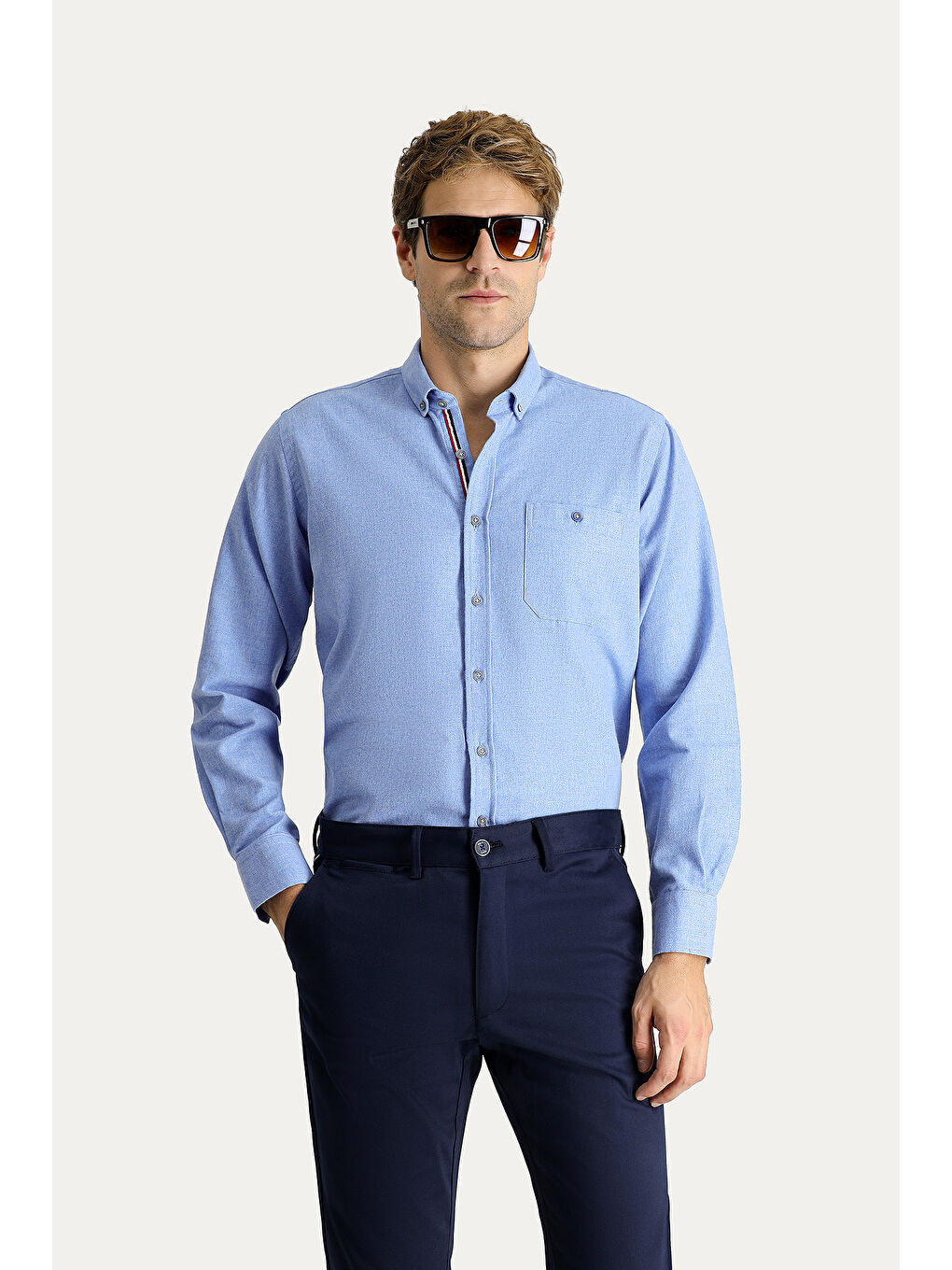 Mavi Uzun Kol Regular Fit Pamuklu Düğmeli Yaka Büyük Beden Gömlek-2