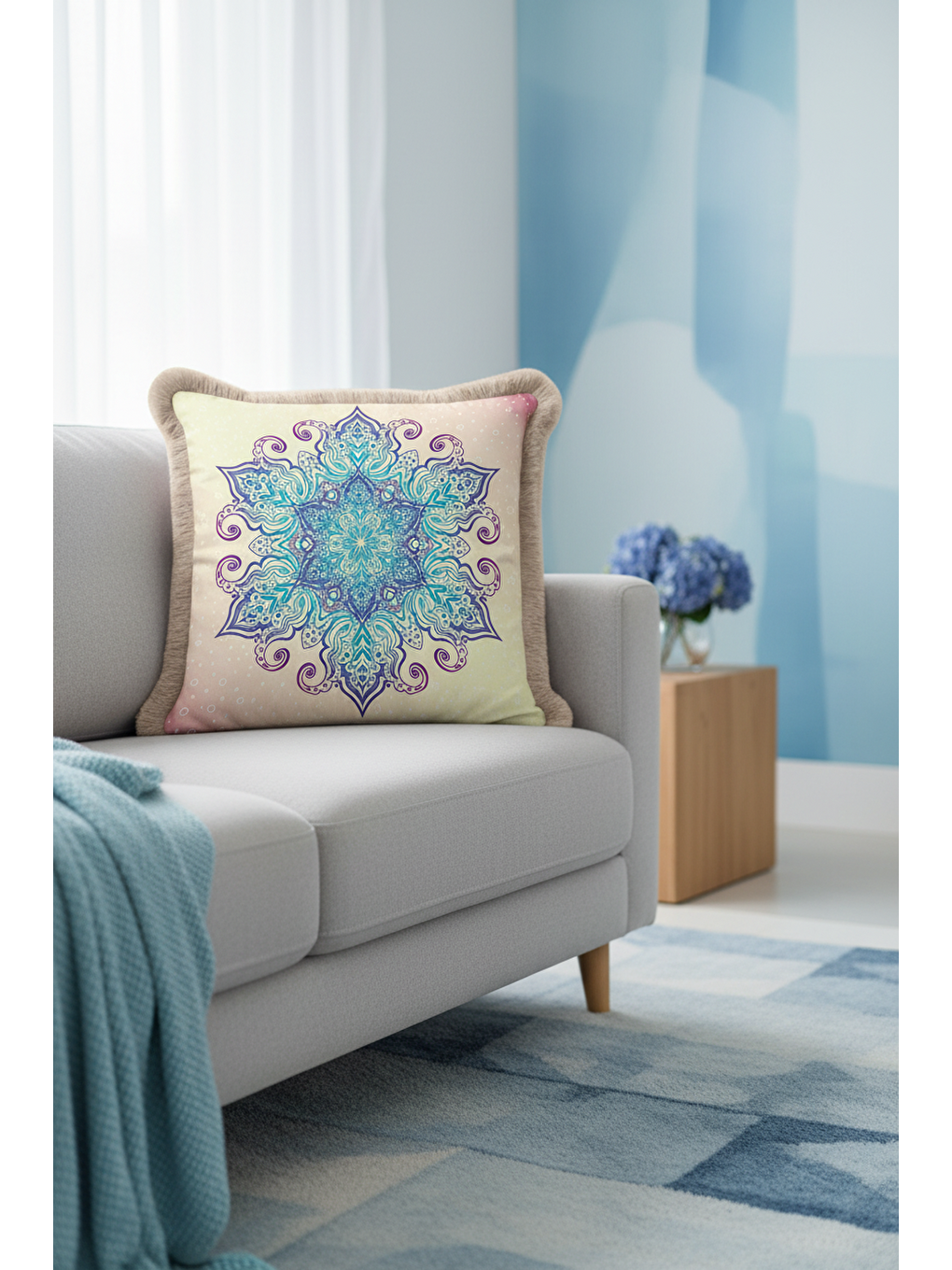 Karışık Bohem Mandala Saçaklı Yastık Kılıfı - Zarif Etnik Mor Turkuaz Krem Püsküllü Kırlent Kılıfı-2