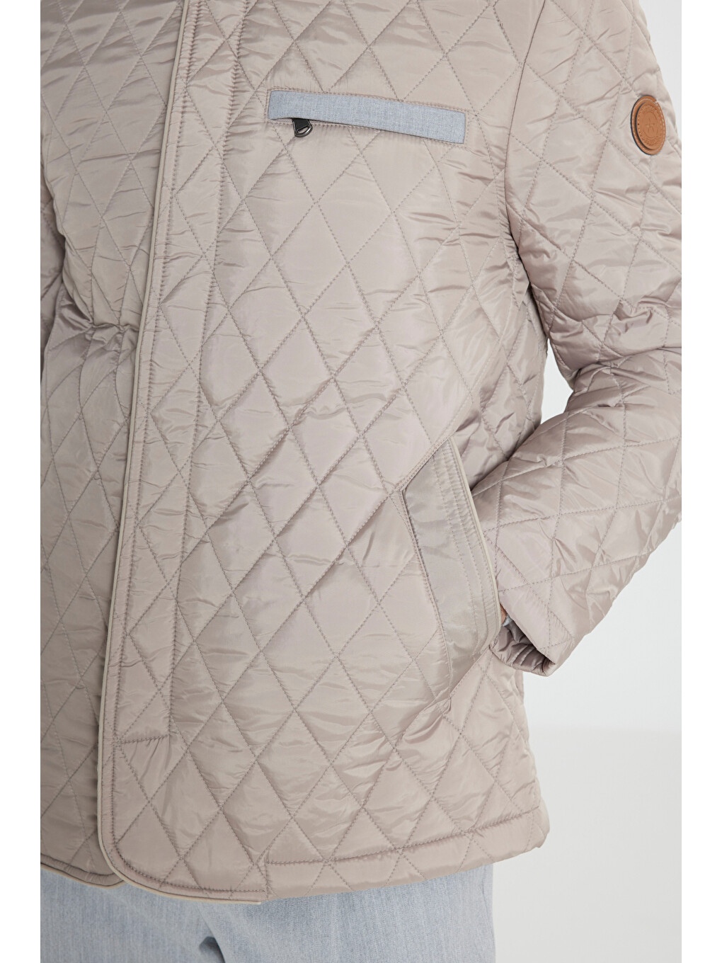 Erkek Bej Standart Fit Normal Kesim Dik Yaka Desenli Kapitone Overcoat-4