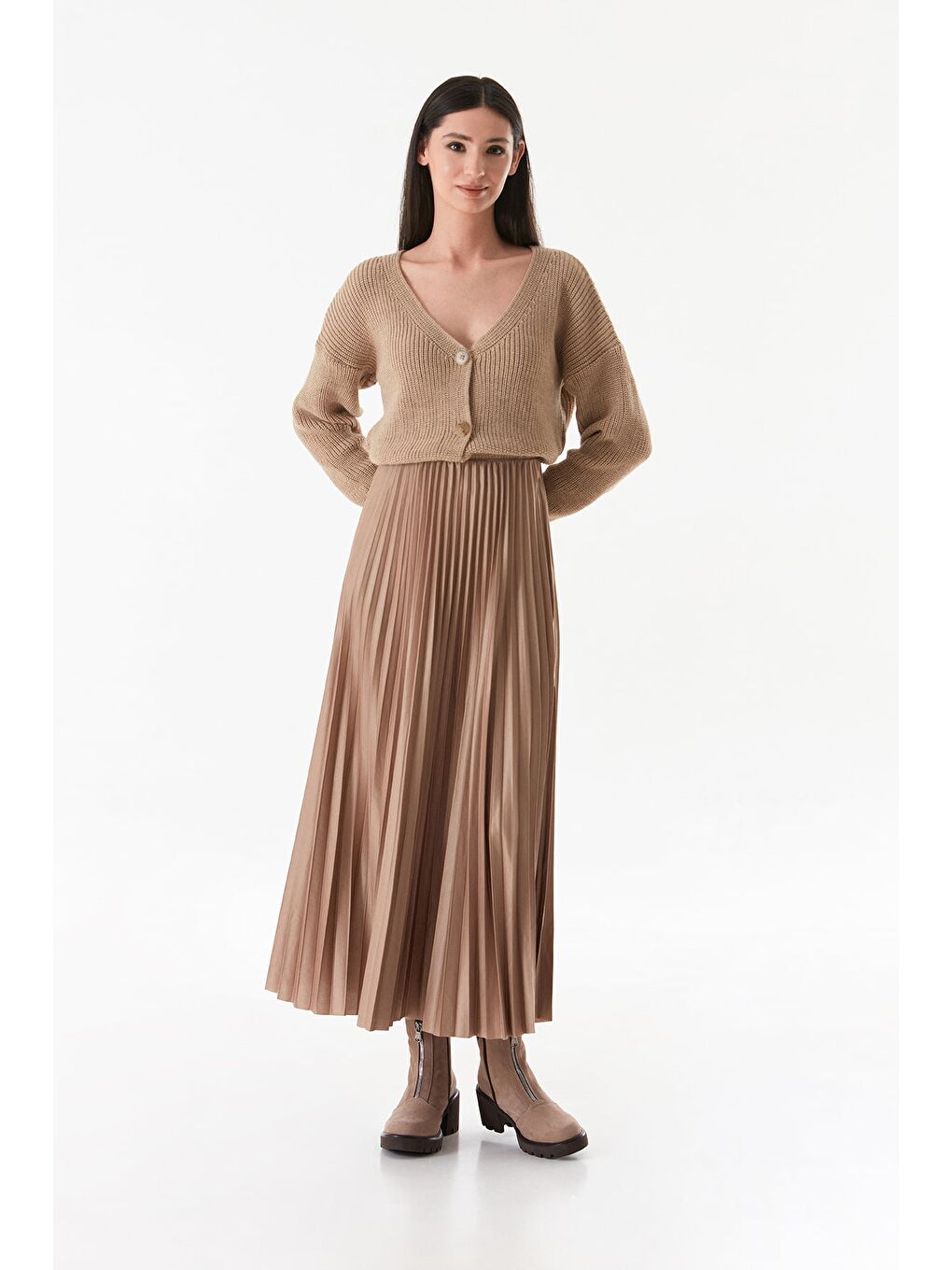 Bej Piliseli Beli Lastikli Etek-3