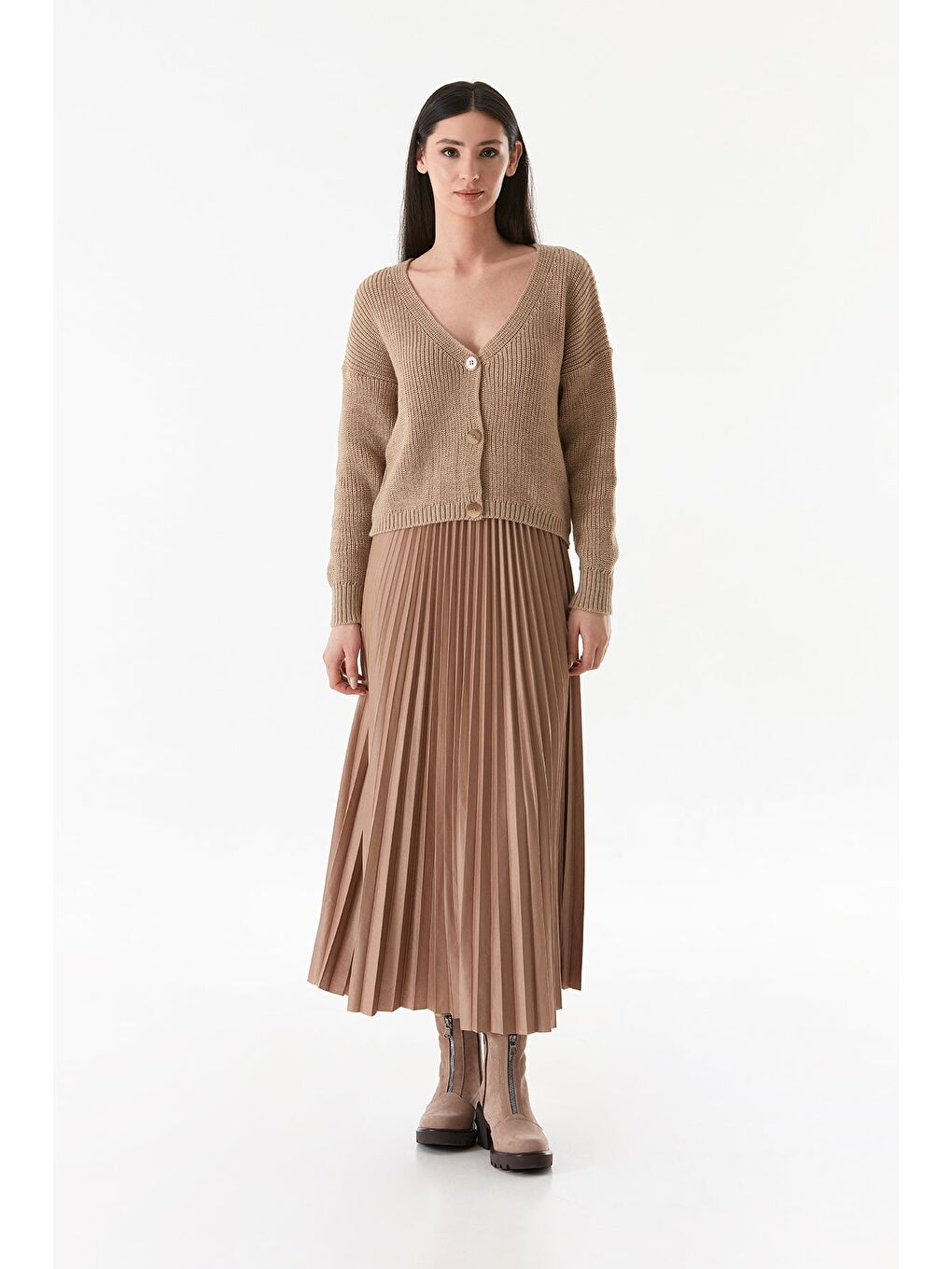 Bej Piliseli Beli Lastikli Etek-4