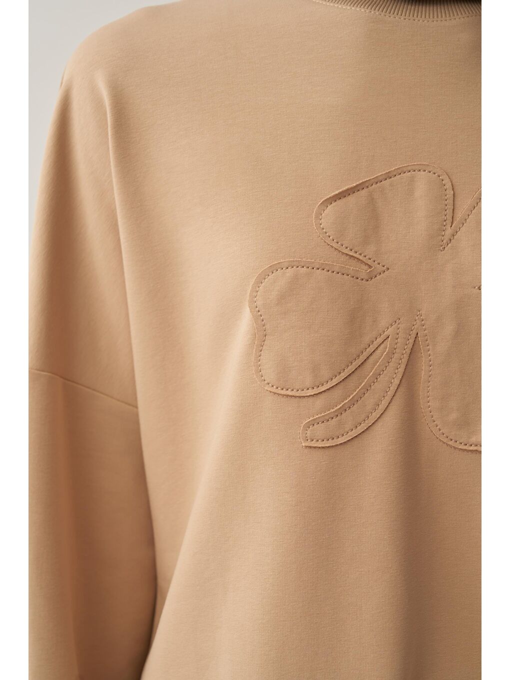 Bej-Pamuklu Aplikeli Sweatsirt-5