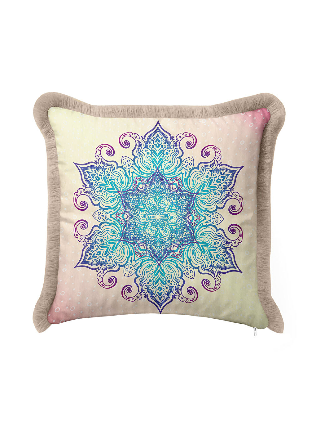 Karışık Bohem Mandala Saçaklı Yastık Kılıfı - Zarif Etnik Mor Turkuaz Krem Püsküllü Kırlent Kılıfı-3