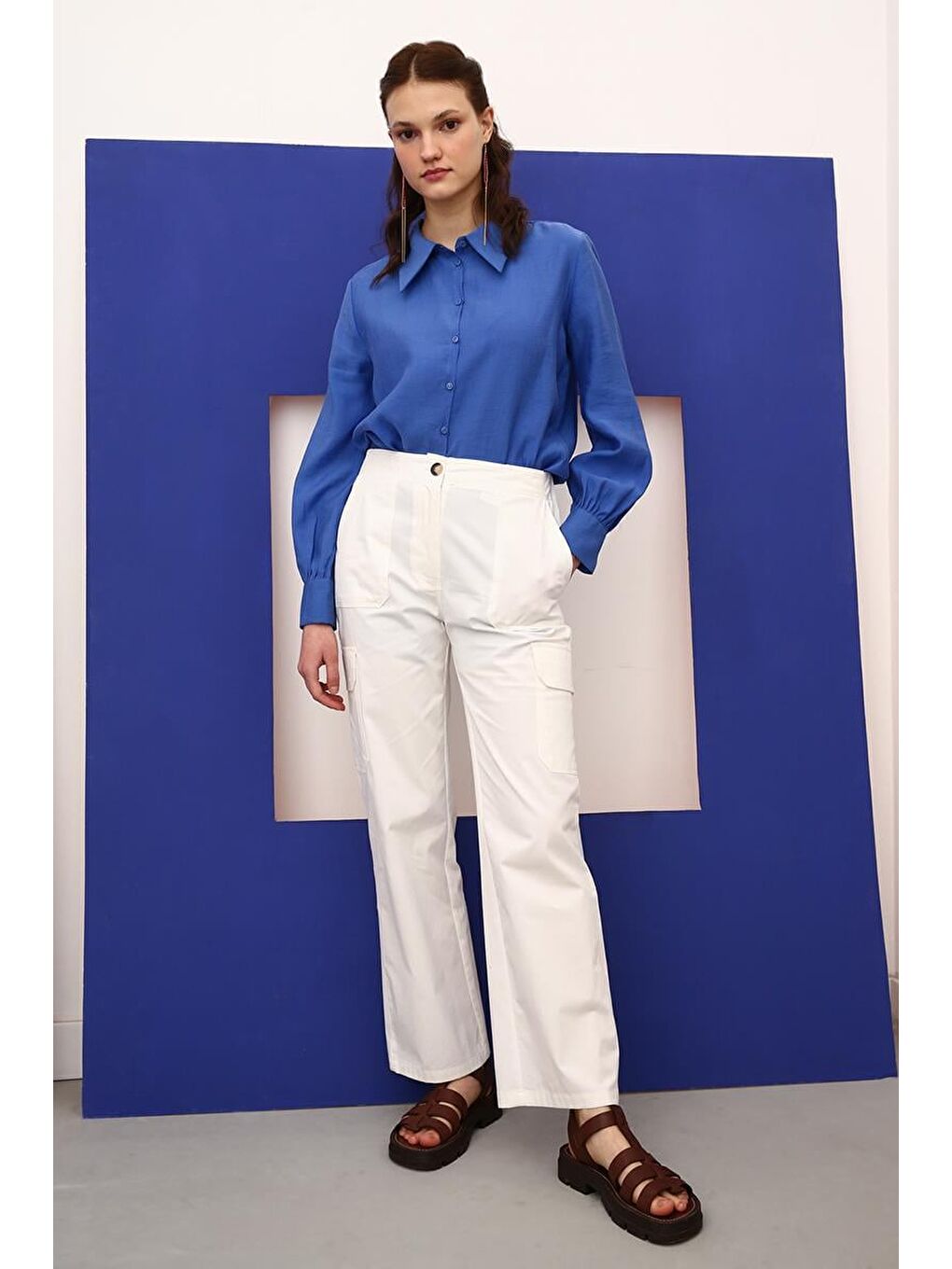 Kırık Beyaz-Pamuklu Çok Cepli Beli Lastikli Kargo Pantolon