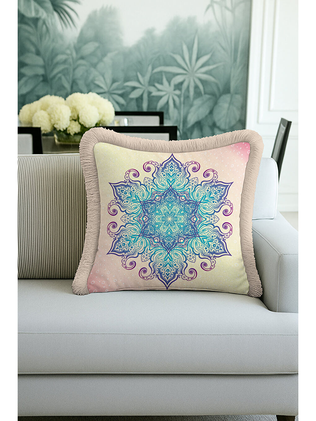 Karışık Bohem Mandala Saçaklı Yastık Kılıfı - Zarif Etnik Mor Turkuaz Krem Püsküllü Kırlent Kılıfı-4
