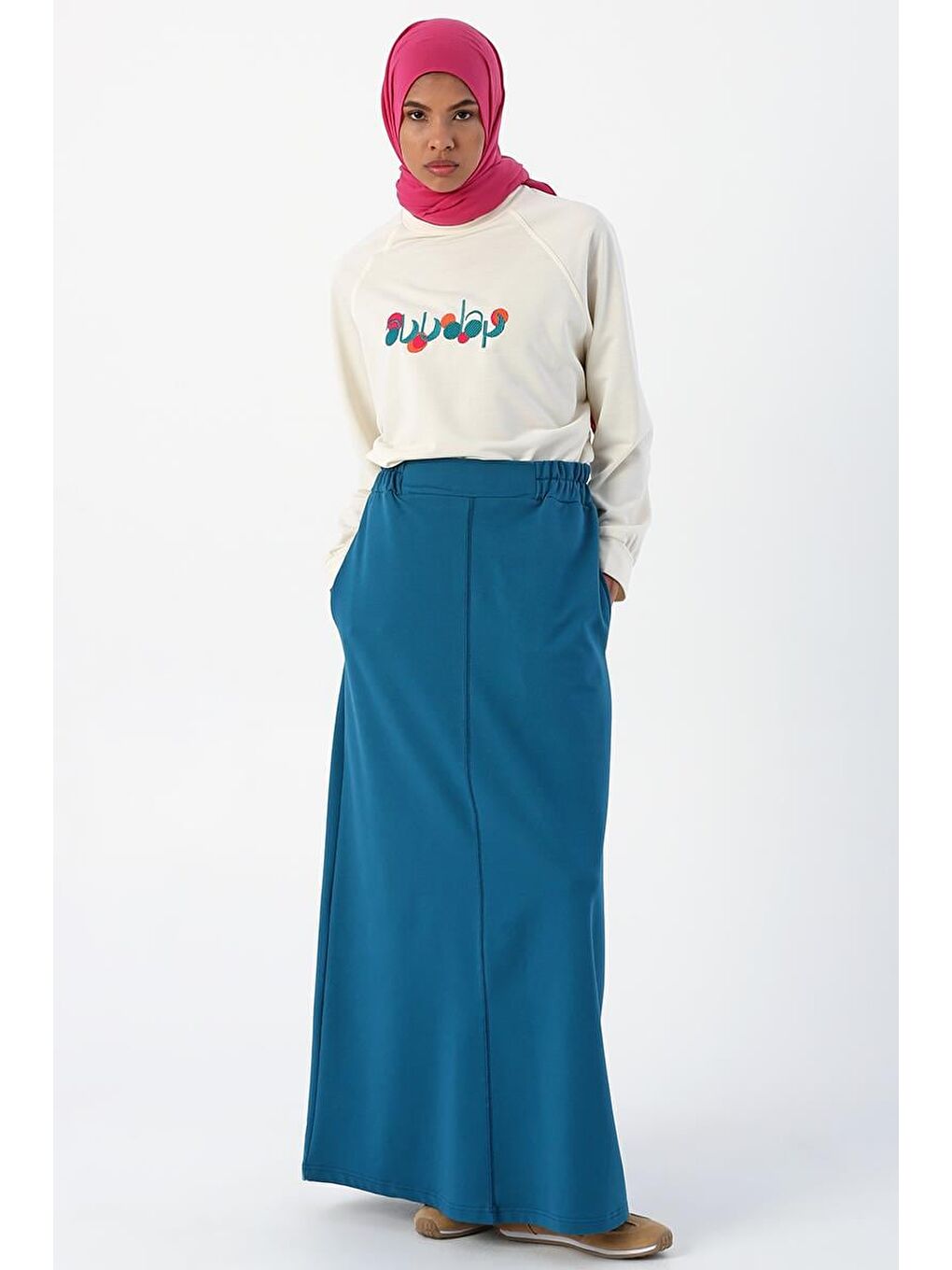 Açık Petrol Beli Lastikli Düz Dar Etek