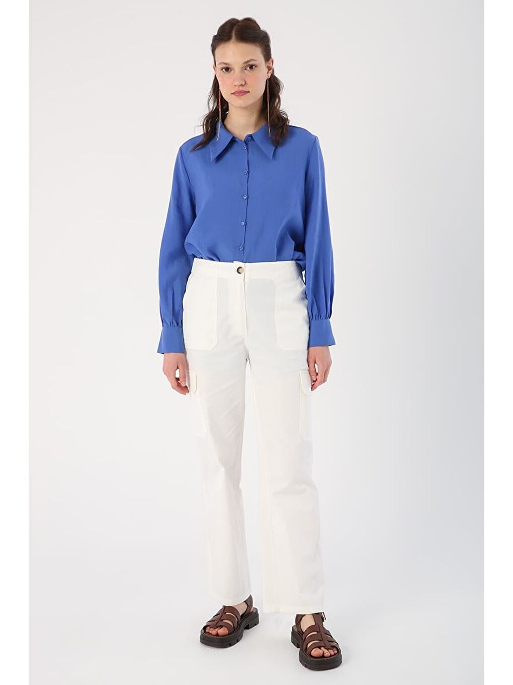 Kırık Beyaz-Pamuklu Çok Cepli Beli Lastikli Kargo Pantolon-1