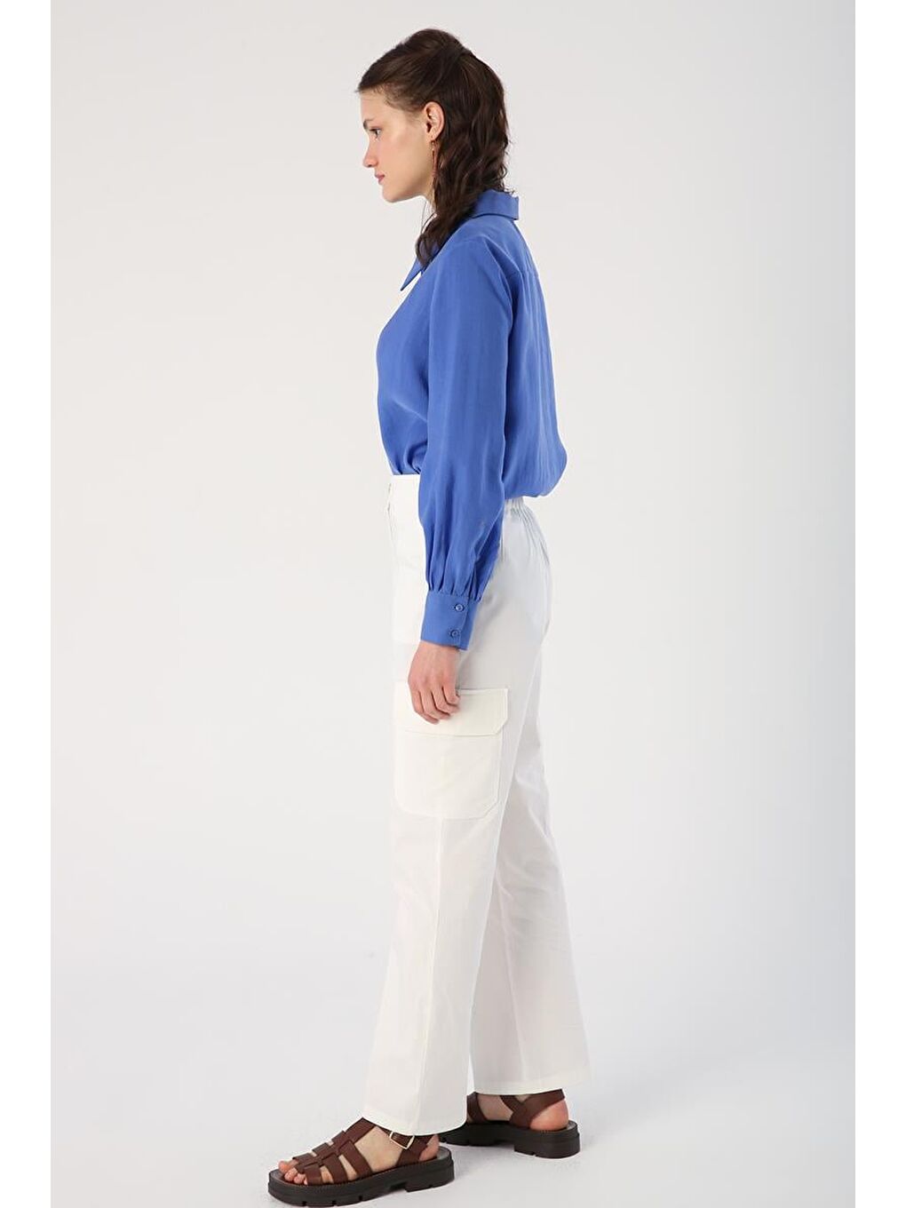 Kırık Beyaz-Pamuklu Çok Cepli Beli Lastikli Kargo Pantolon-2