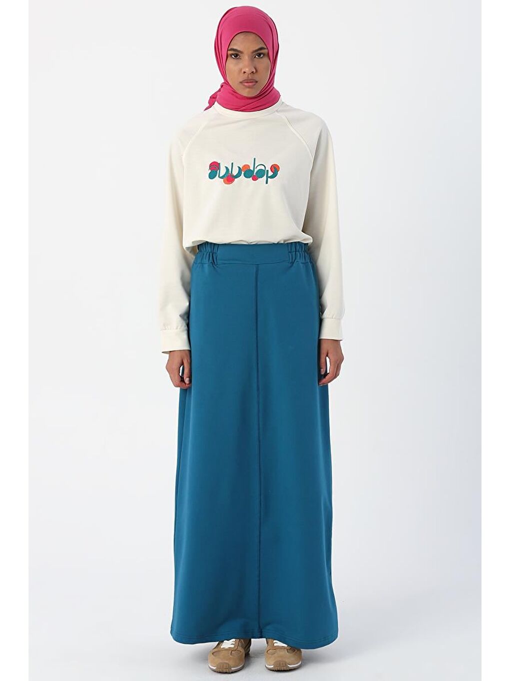 Açık Petrol Beli Lastikli Düz Dar Etek-1