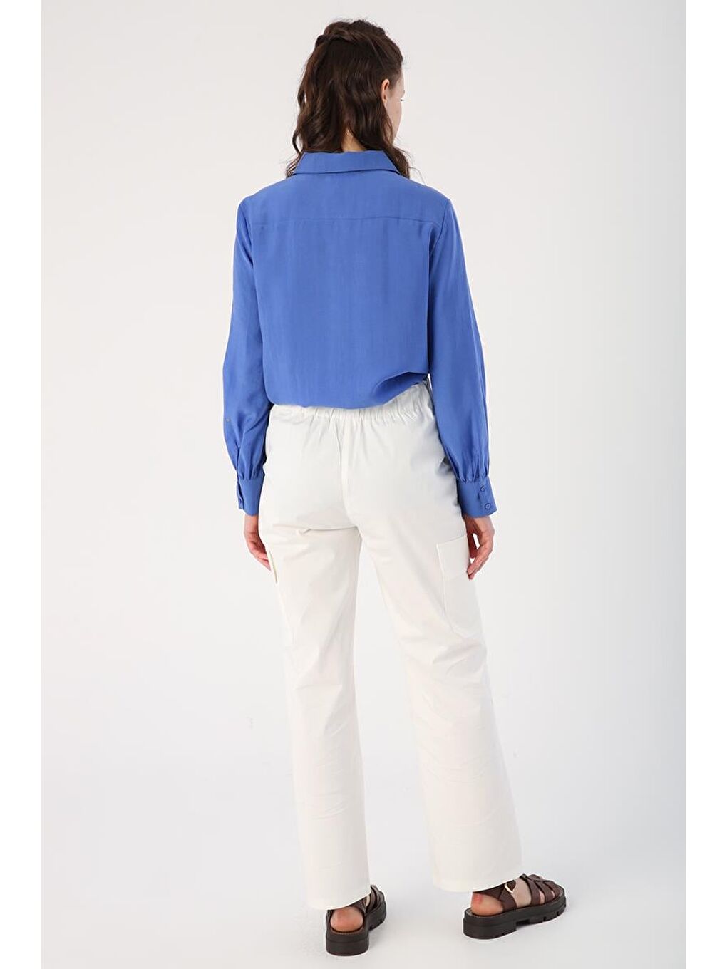 Kırık Beyaz-Pamuklu Çok Cepli Beli Lastikli Kargo Pantolon-3