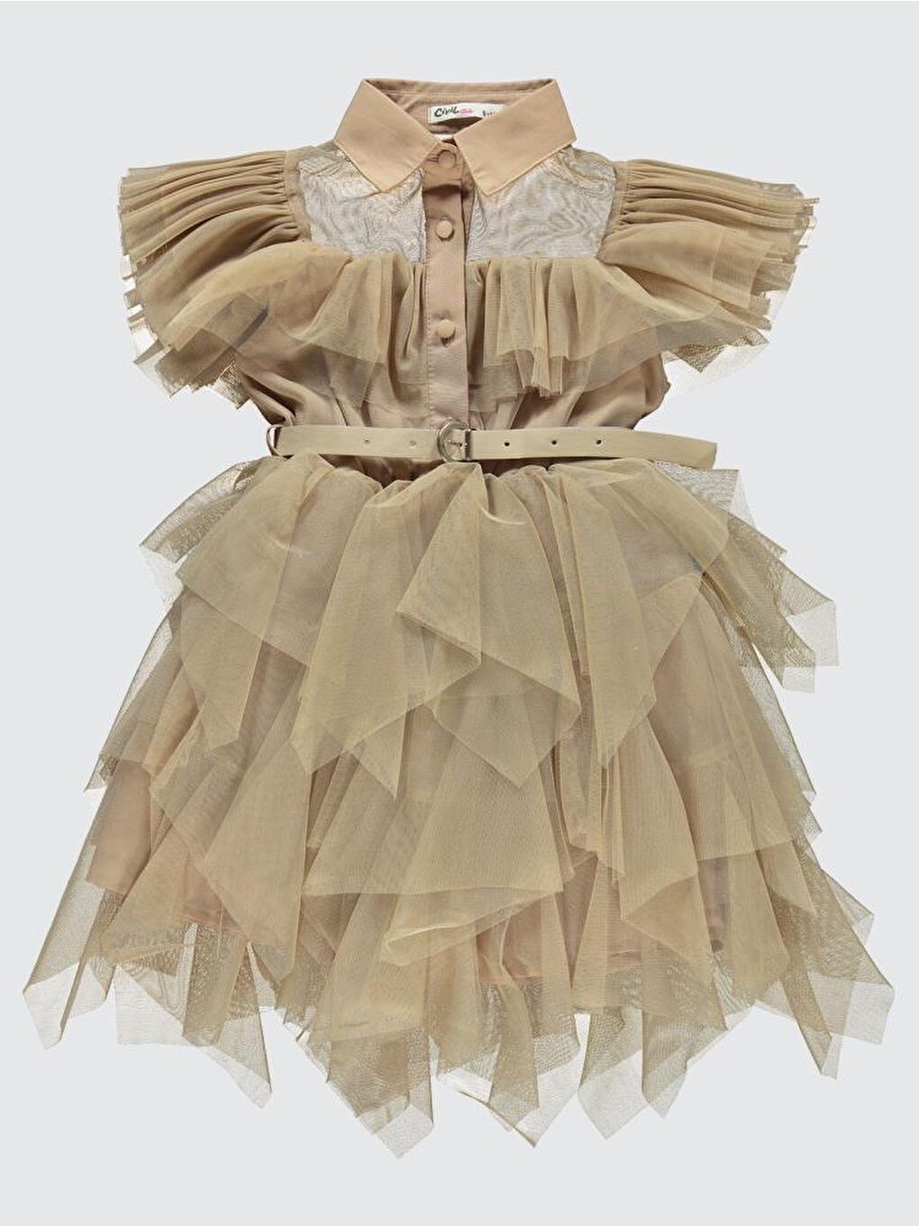 Girls Beli Kemerli Tül 6-12 Yaş Elbise - Bej 10-11 Yaş