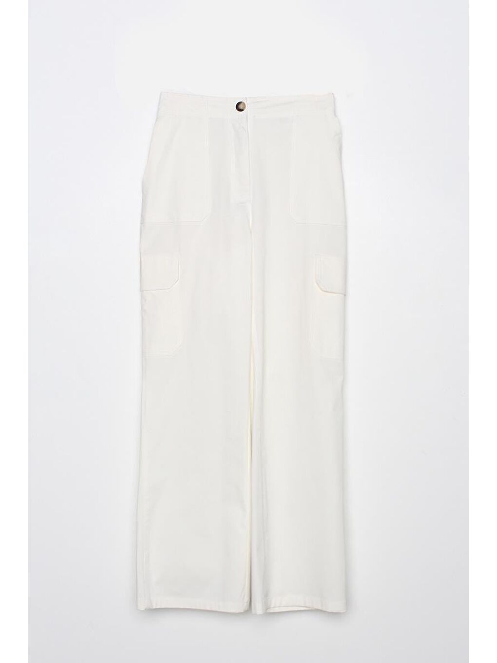 Kırık Beyaz-Pamuklu Çok Cepli Beli Lastikli Kargo Pantolon-4