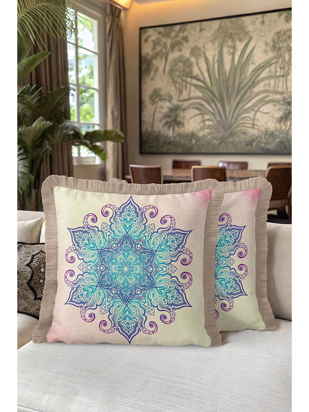 Karışık Bohem Mandala Saçaklı Yastık Kılıfı - Zarif Etnik Mor Turkuaz Krem Püsküllü Kırlent Kılıfı-5