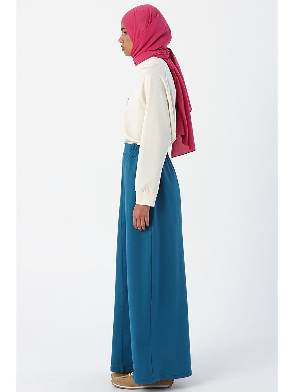 Açık Petrol Beli Lastikli Düz Dar Etek-2