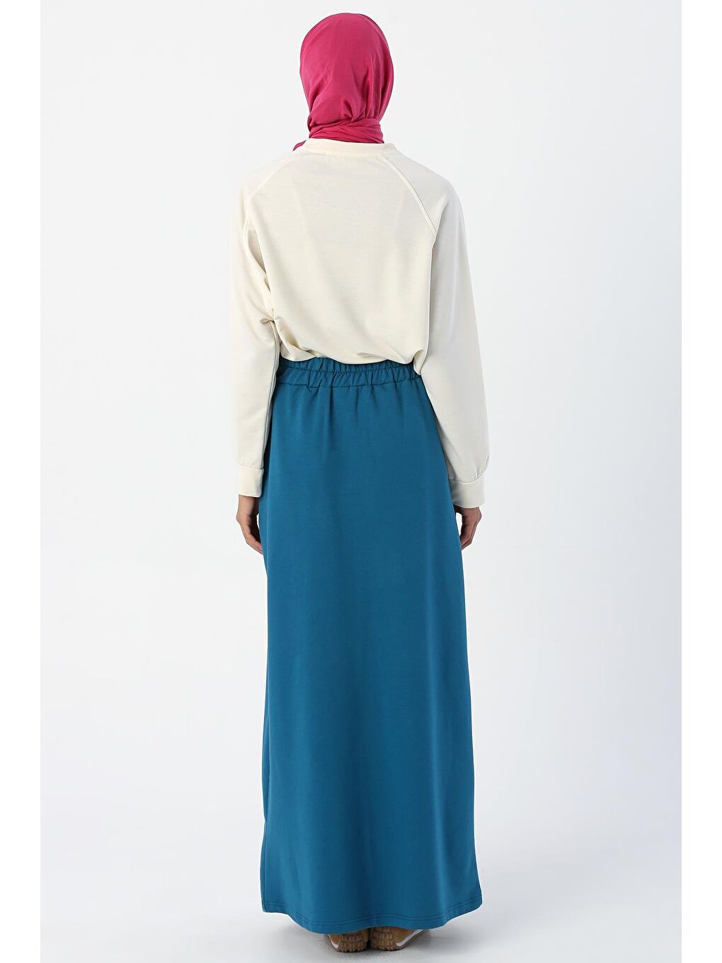 Açık Petrol Beli Lastikli Düz Dar Etek-3