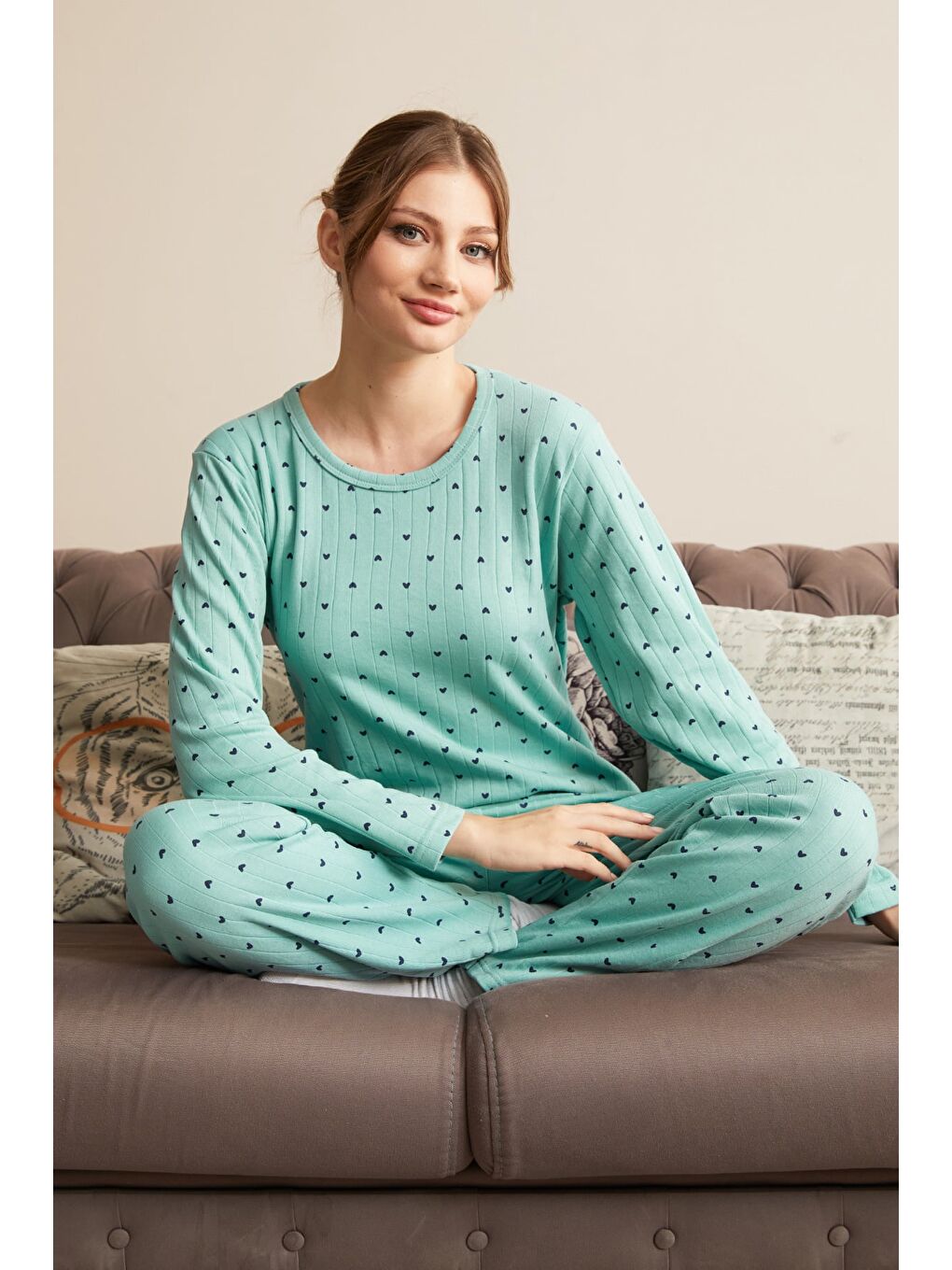 Yeşil Büyük Beden Kalp Ve Yıldız Desenli Pijama Takımı