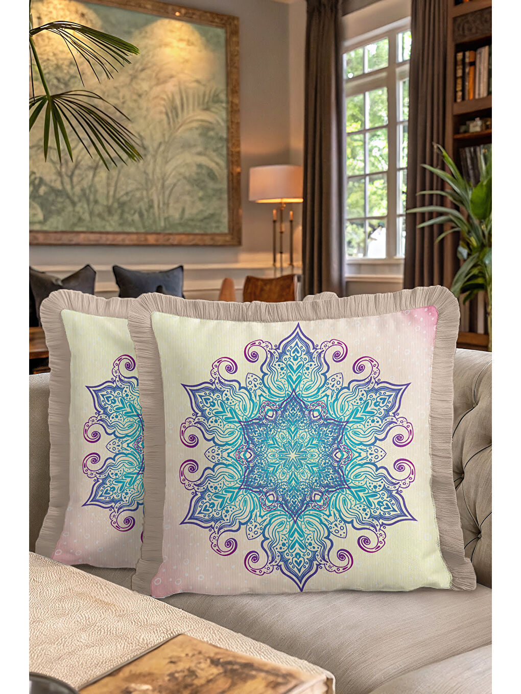 Karışık Bohem Mandala Saçaklı Yastık Kılıfı - Zarif Etnik Mor Turkuaz Krem Püsküllü Kırlent Kılıfı-7