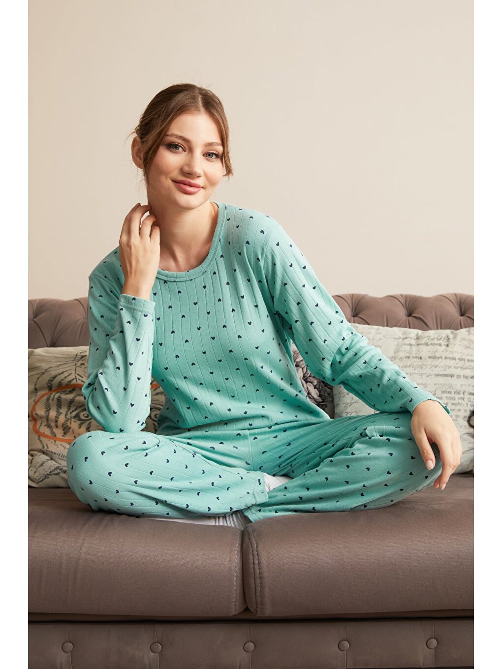 Yeşil Büyük Beden Kalp Ve Yıldız Desenli Pijama Takımı-1