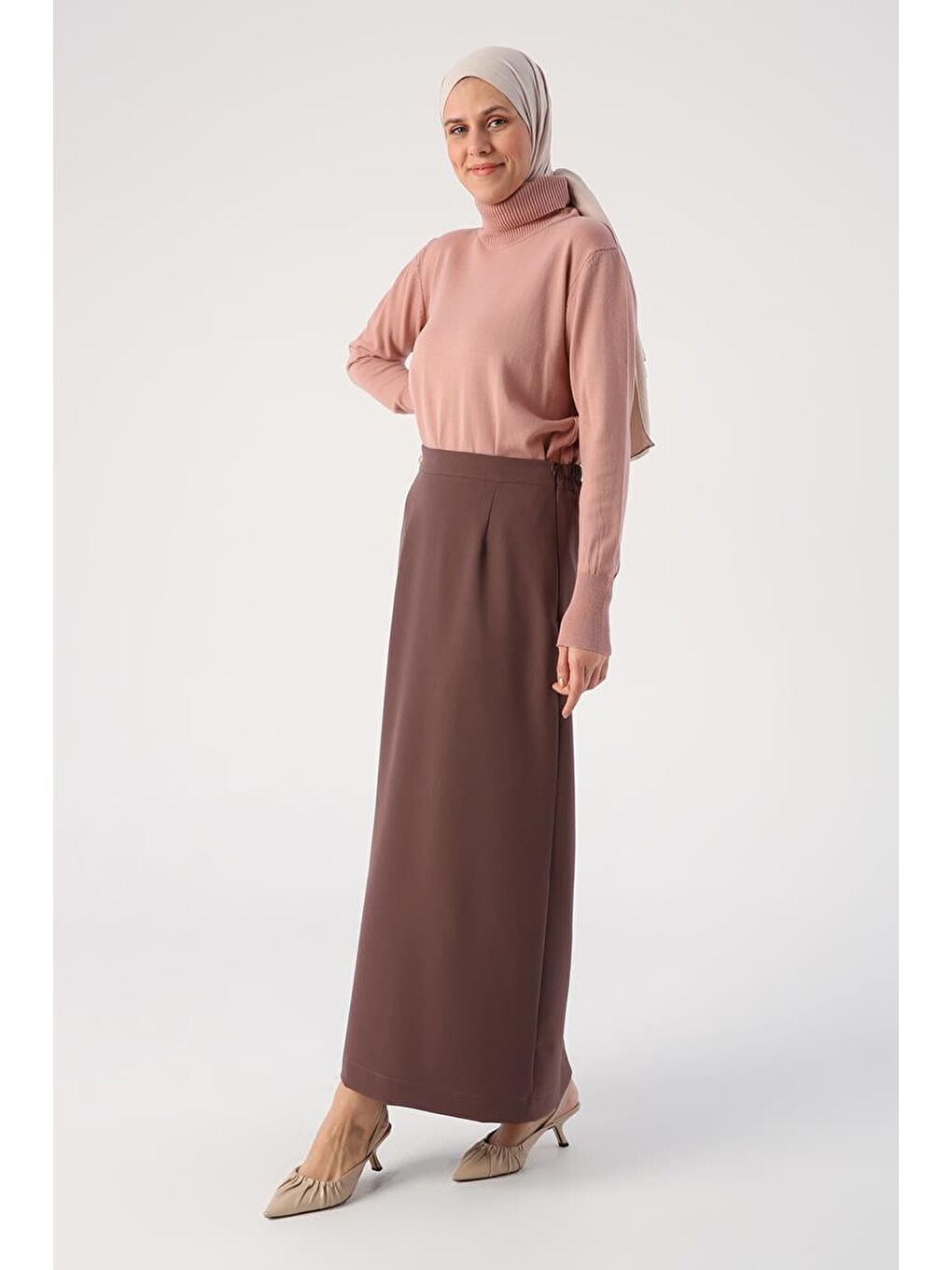 Bej Vizon Beli Lastikli Kalem Etek-2