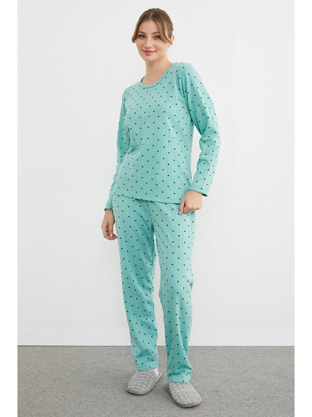 Yeşil Büyük Beden Kalp Ve Yıldız Desenli Pijama Takımı-4