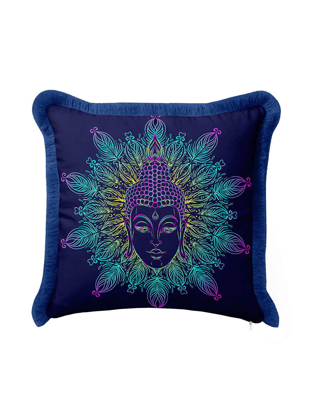 Karışık Mandala Figürlü Saçaklı Yastık Kılıfı - Spiritüel Bohem Mavi Yeşil Püsküllü Kırlent Kılıfı-1