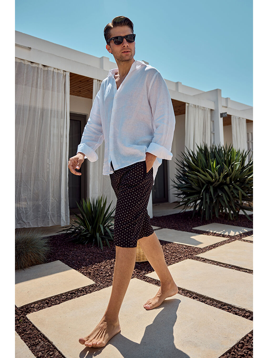 Erkek Havuz Deniz Uzun Kapri Şort Mayo RK005 Siyah Monogram-1