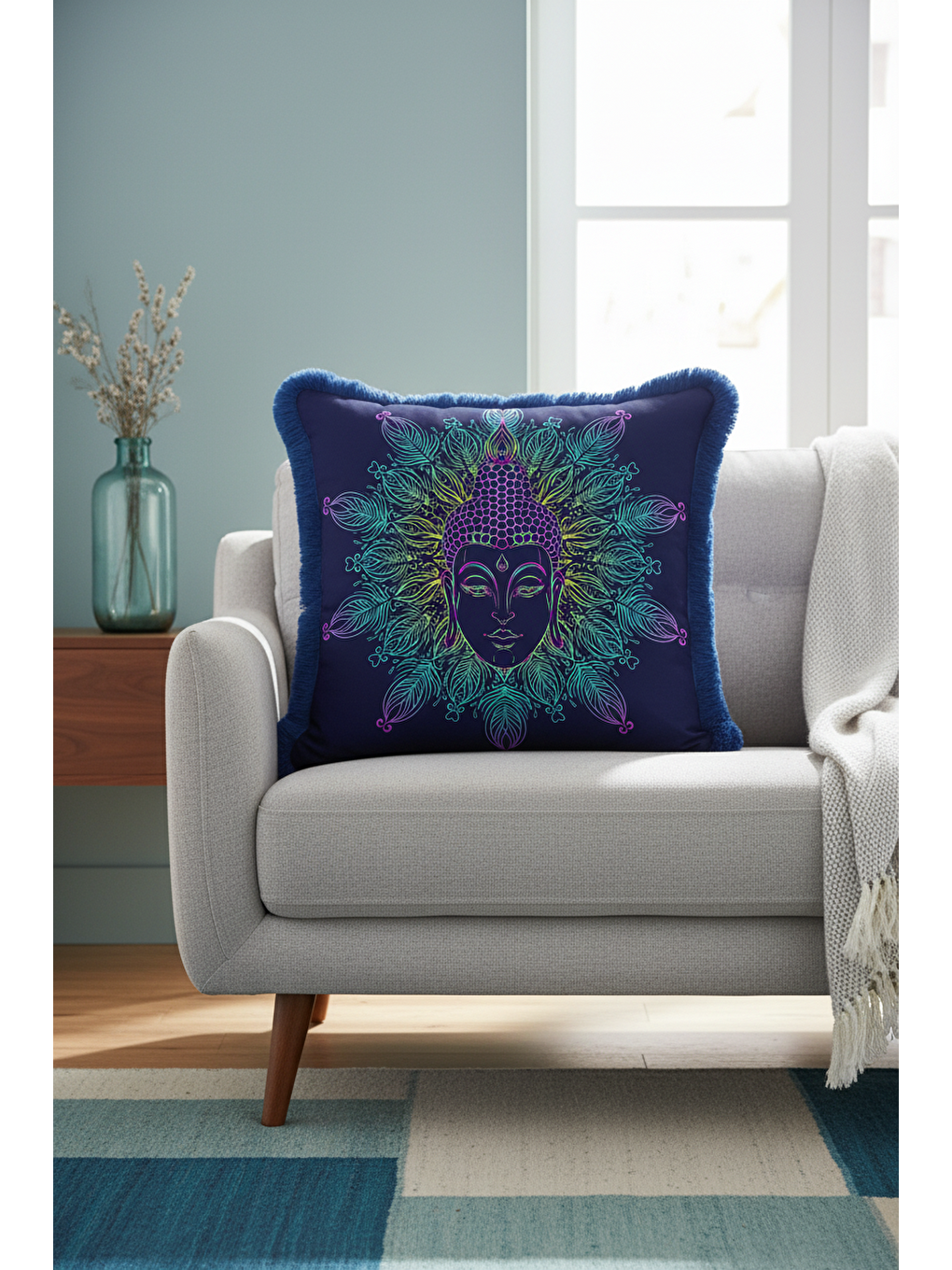 Karışık Mandala Figürlü Saçaklı Yastık Kılıfı - Spiritüel Bohem Mavi Yeşil Püsküllü Kırlent Kılıfı-2