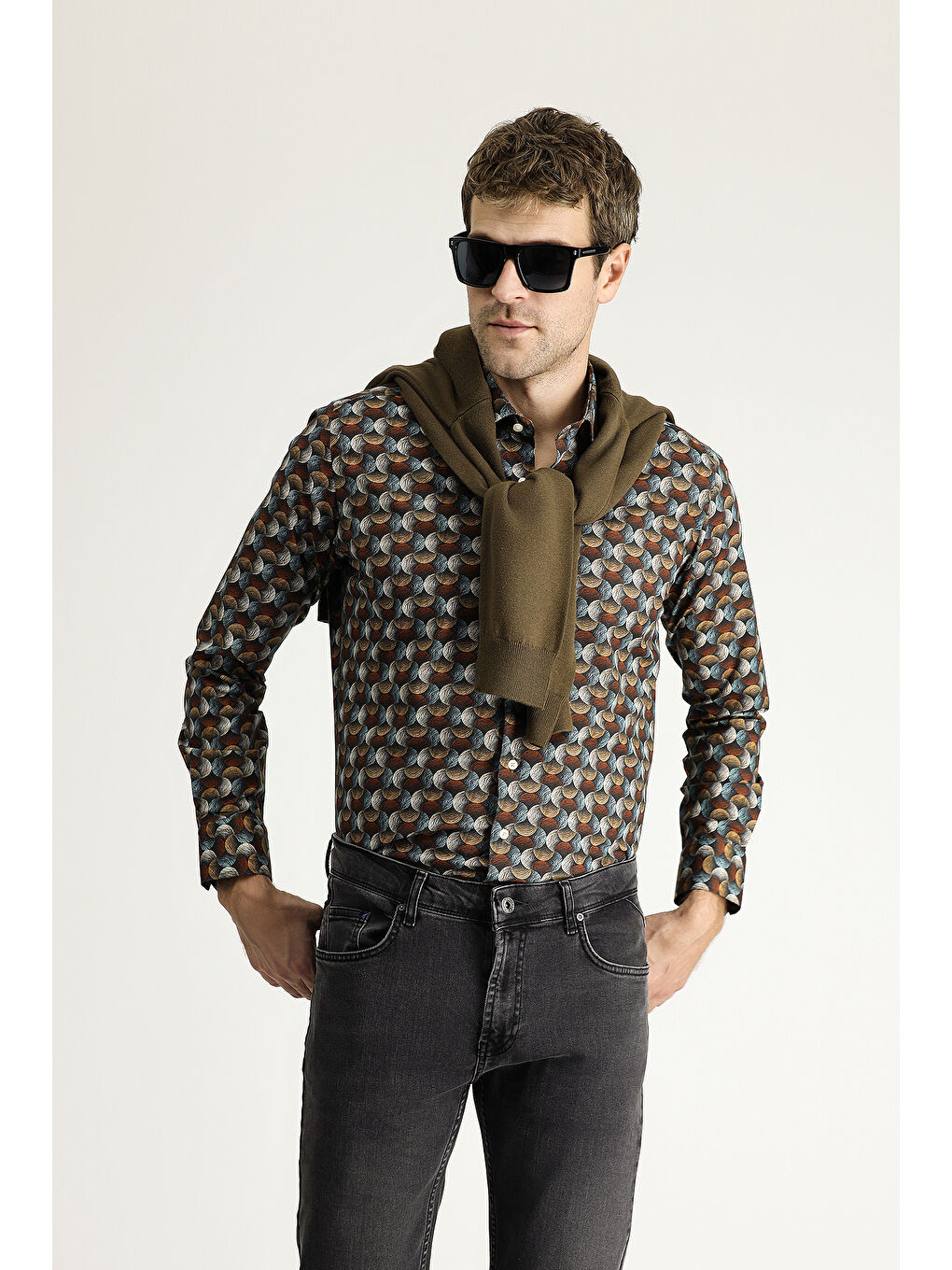 Kahverengi Uzun Kol Baskılı Slim Fit Dar Kesim Pamuk %100 Pamuk Gömlek-2