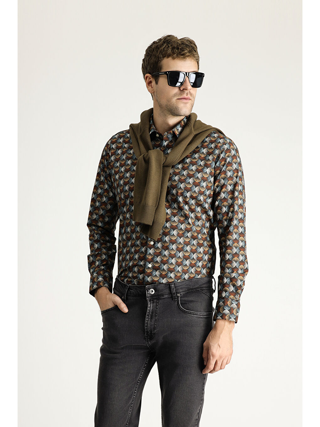 Kahverengi Uzun Kol Baskılı Slim Fit Dar Kesim Pamuk %100 Pamuk Gömlek-3