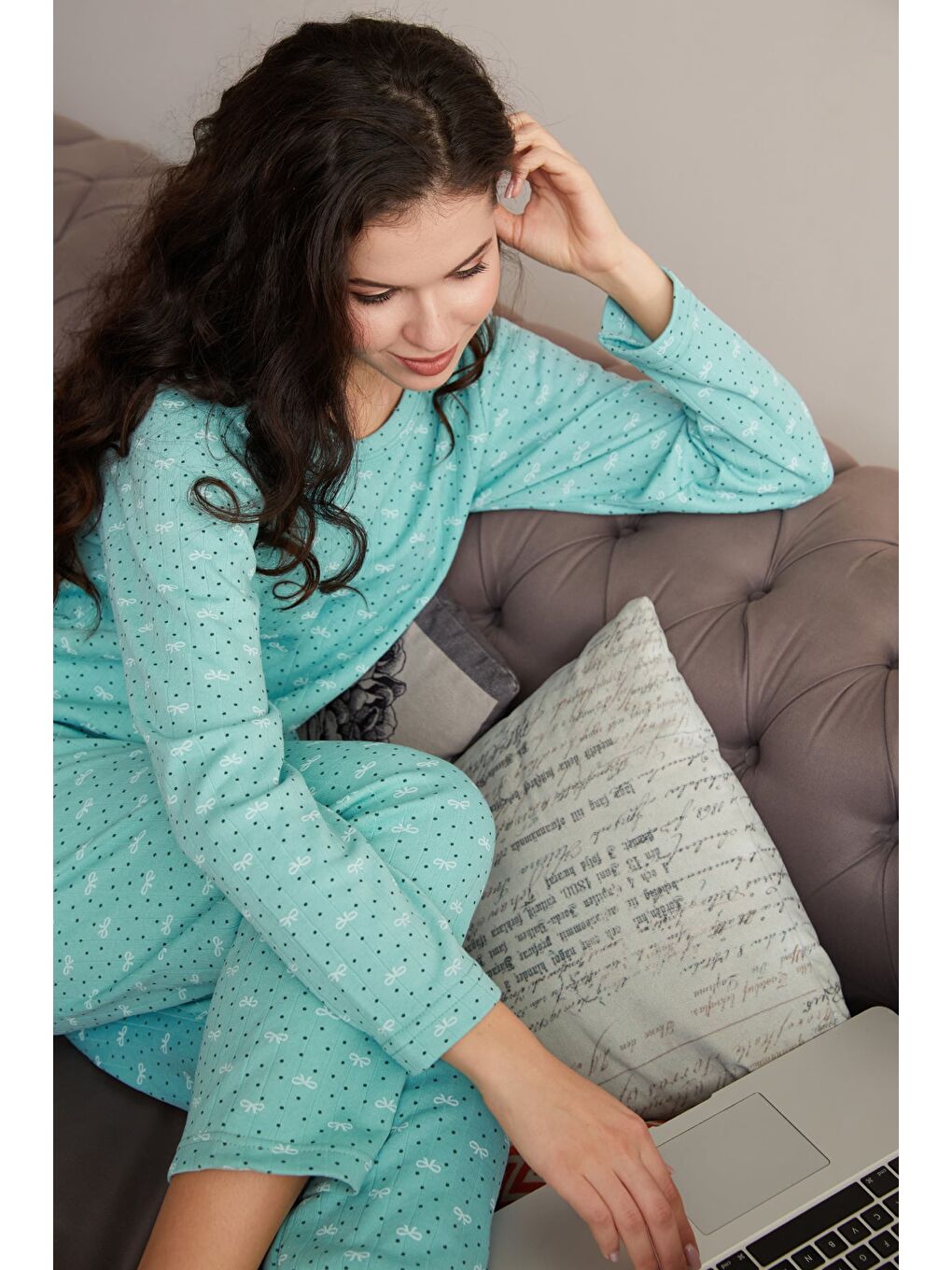 Turkuaz Büyük Beden Kalp Ve Yıldız Desenli Pijama Takımı