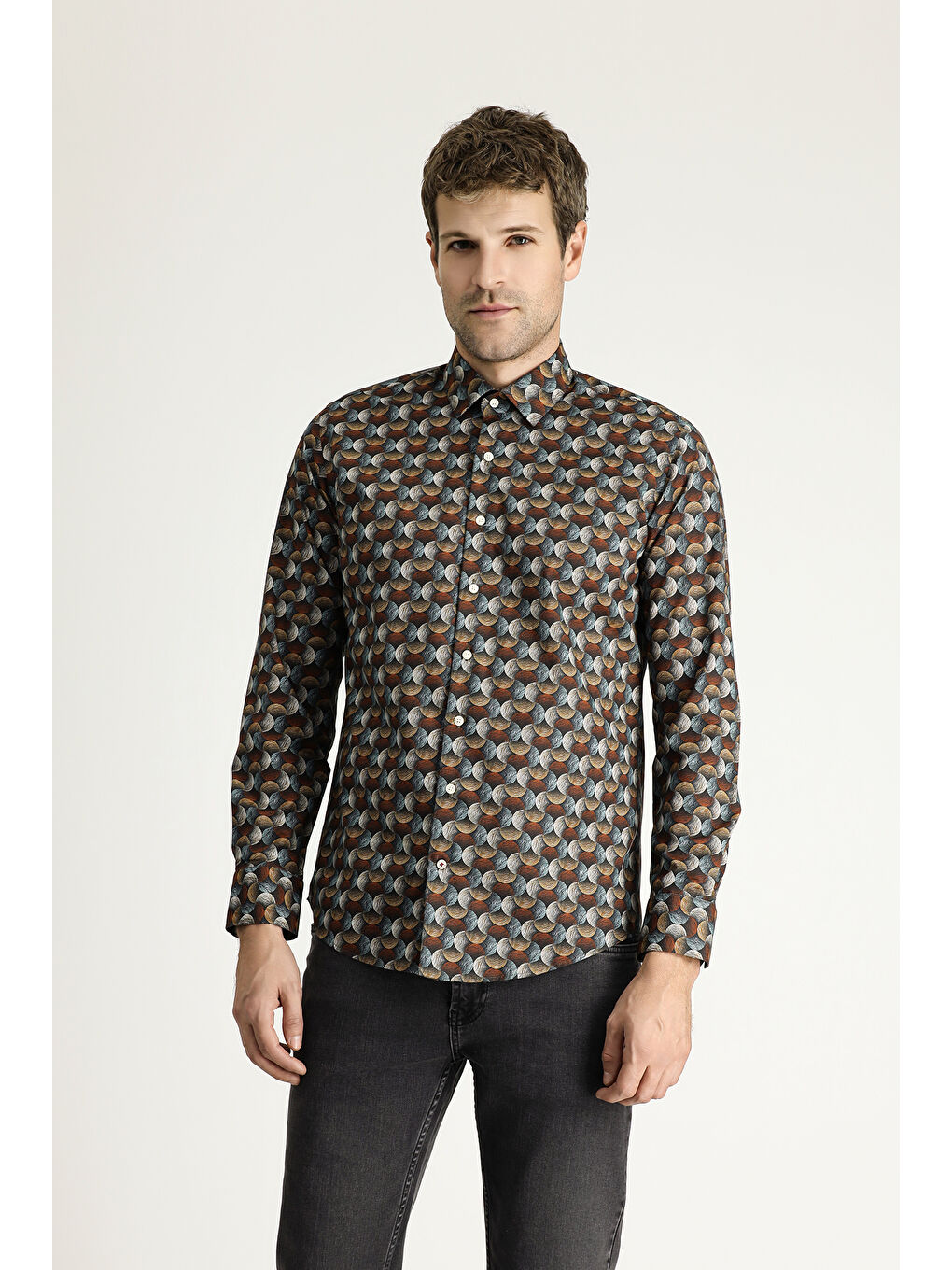 Kahverengi Uzun Kol Baskılı Slim Fit Dar Kesim Pamuk %100 Pamuk Gömlek-4