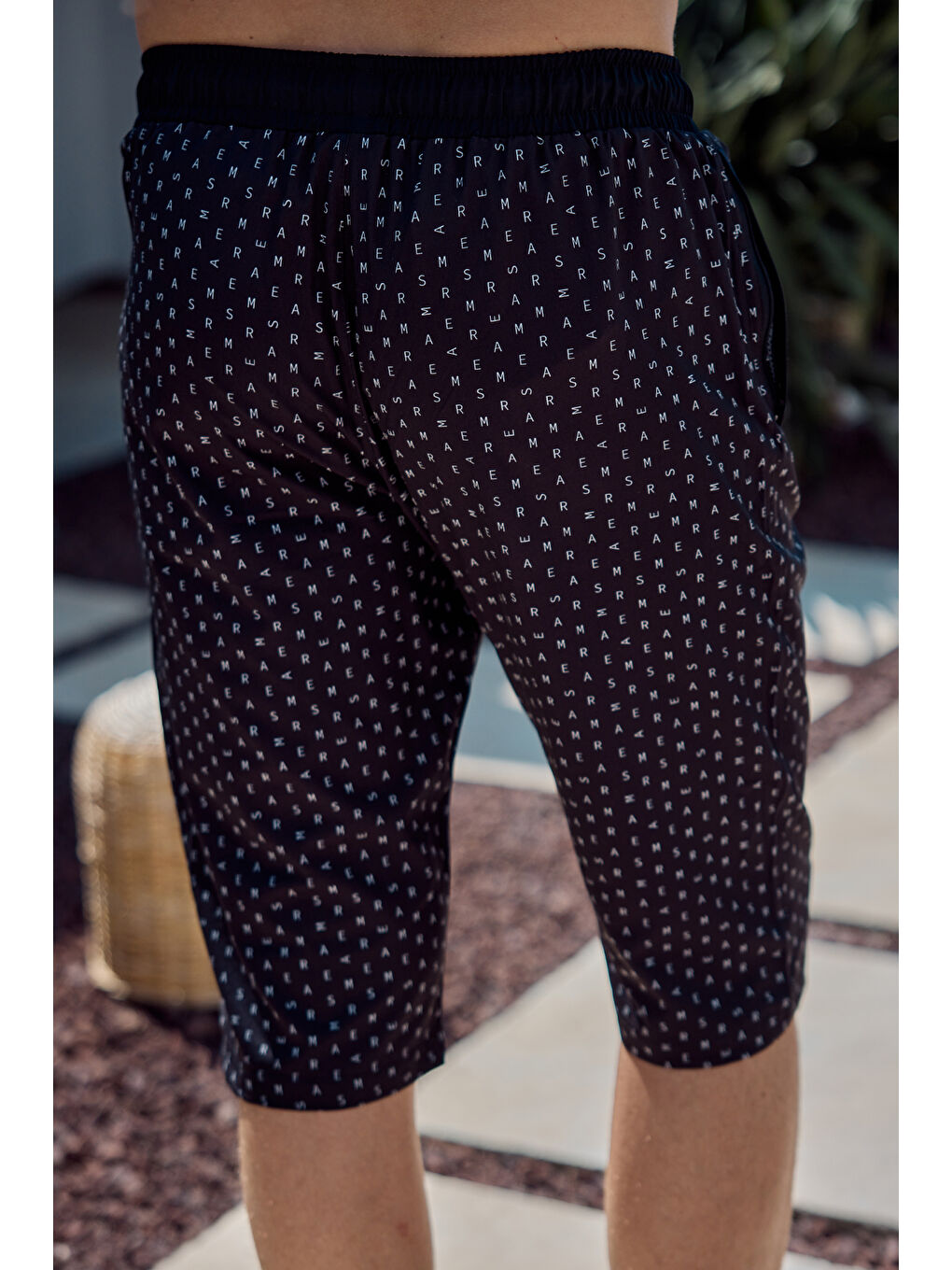 Erkek Havuz Deniz Uzun Kapri Şort Mayo RK005 Siyah Monogram-5