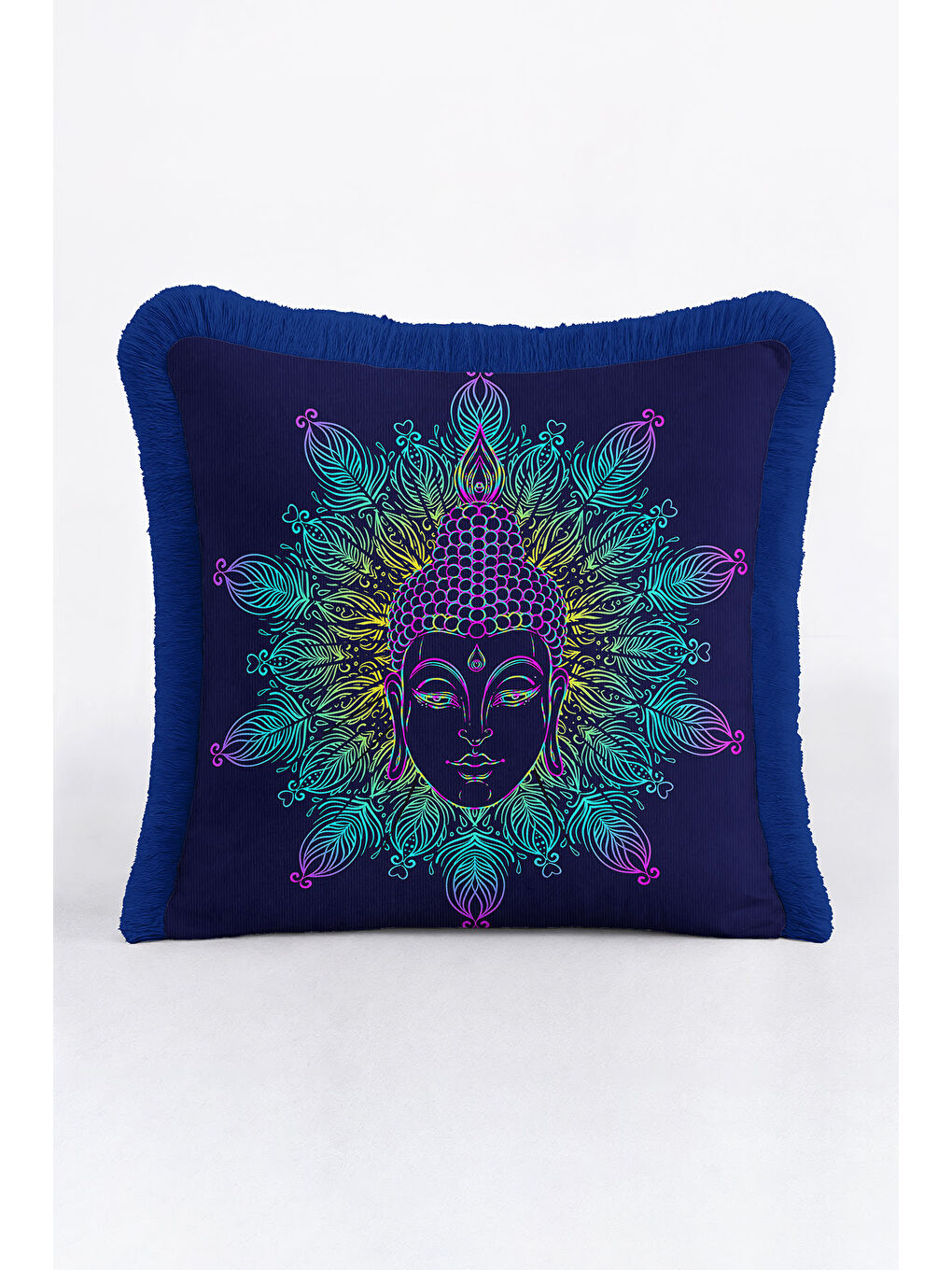 Karışık Mandala Figürlü Saçaklı Yastık Kılıfı - Spiritüel Bohem Mavi Yeşil Püsküllü Kırlent Kılıfı-3